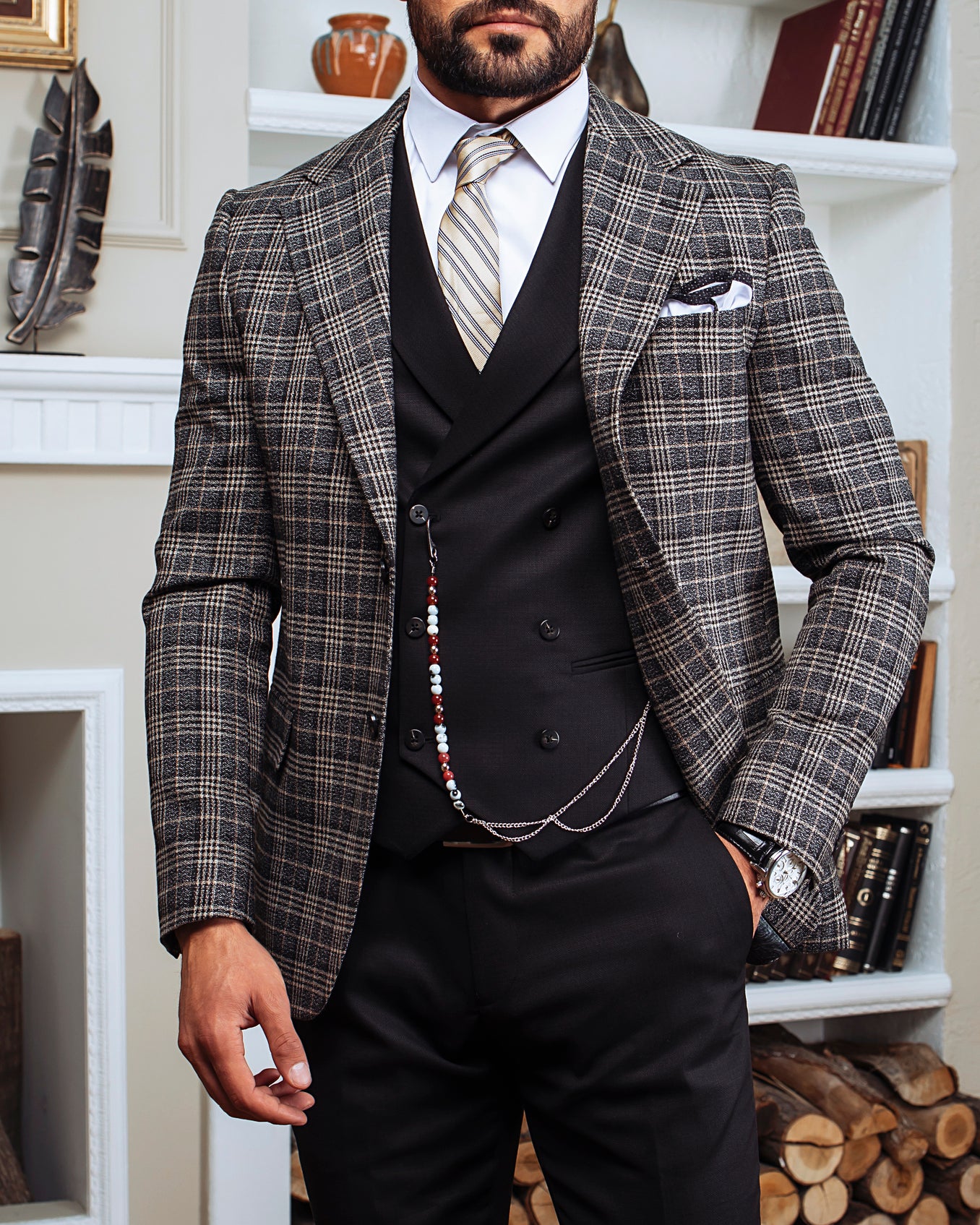 Grey Plaid Slim-Fit Suit 3-Piece
