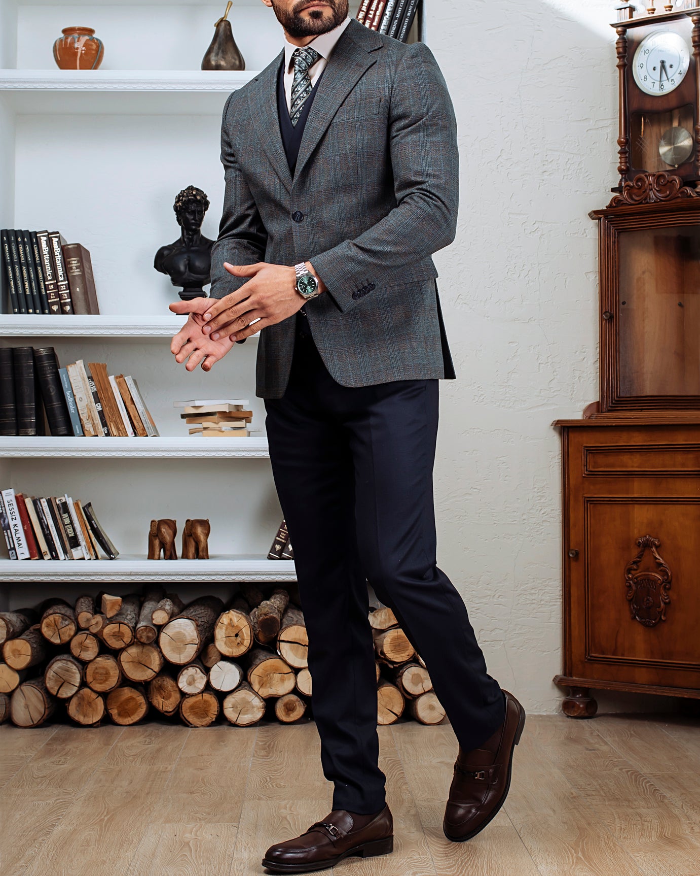 Grey Plaid Slim-Fit Suit 3-Piece