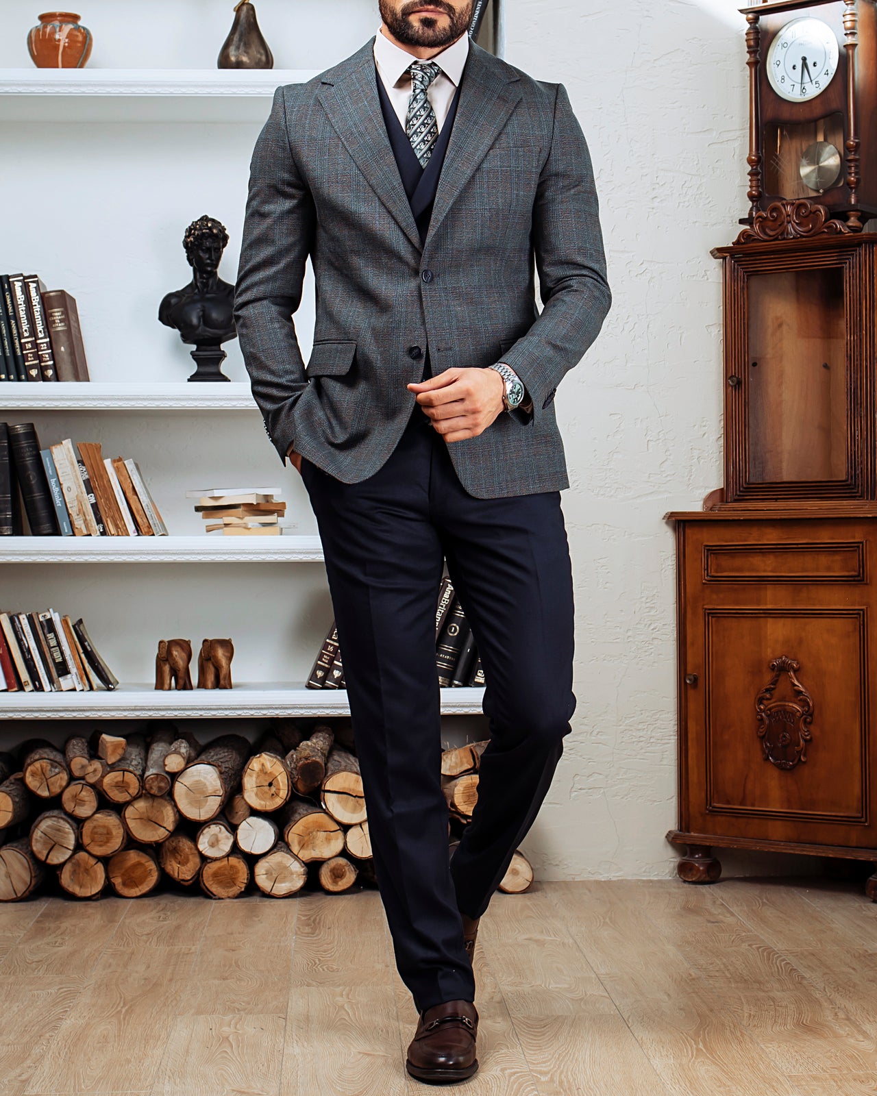 Grey Plaid Slim-Fit Suit 3-Piece