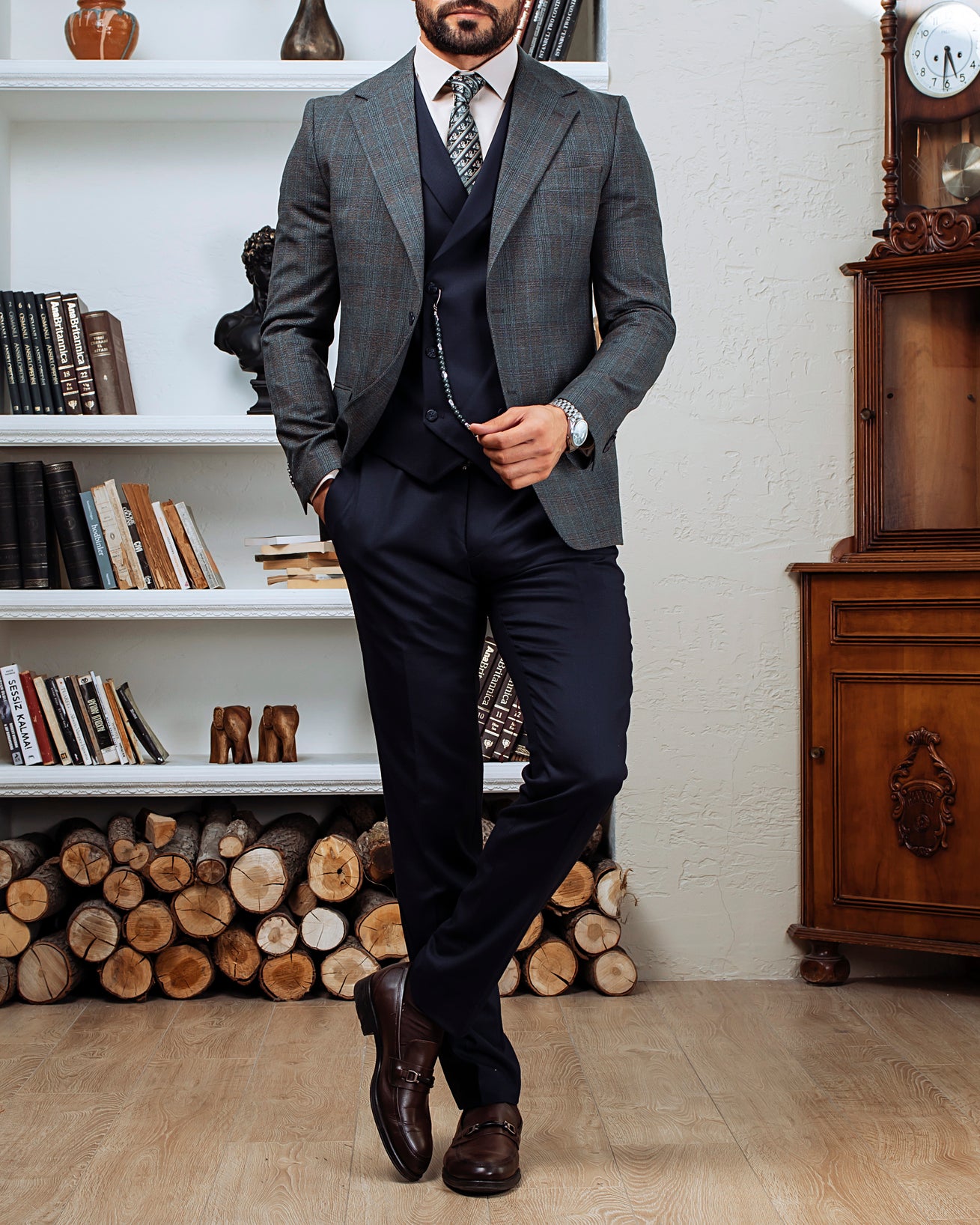 Grey Plaid Slim-Fit Suit 3-Piece