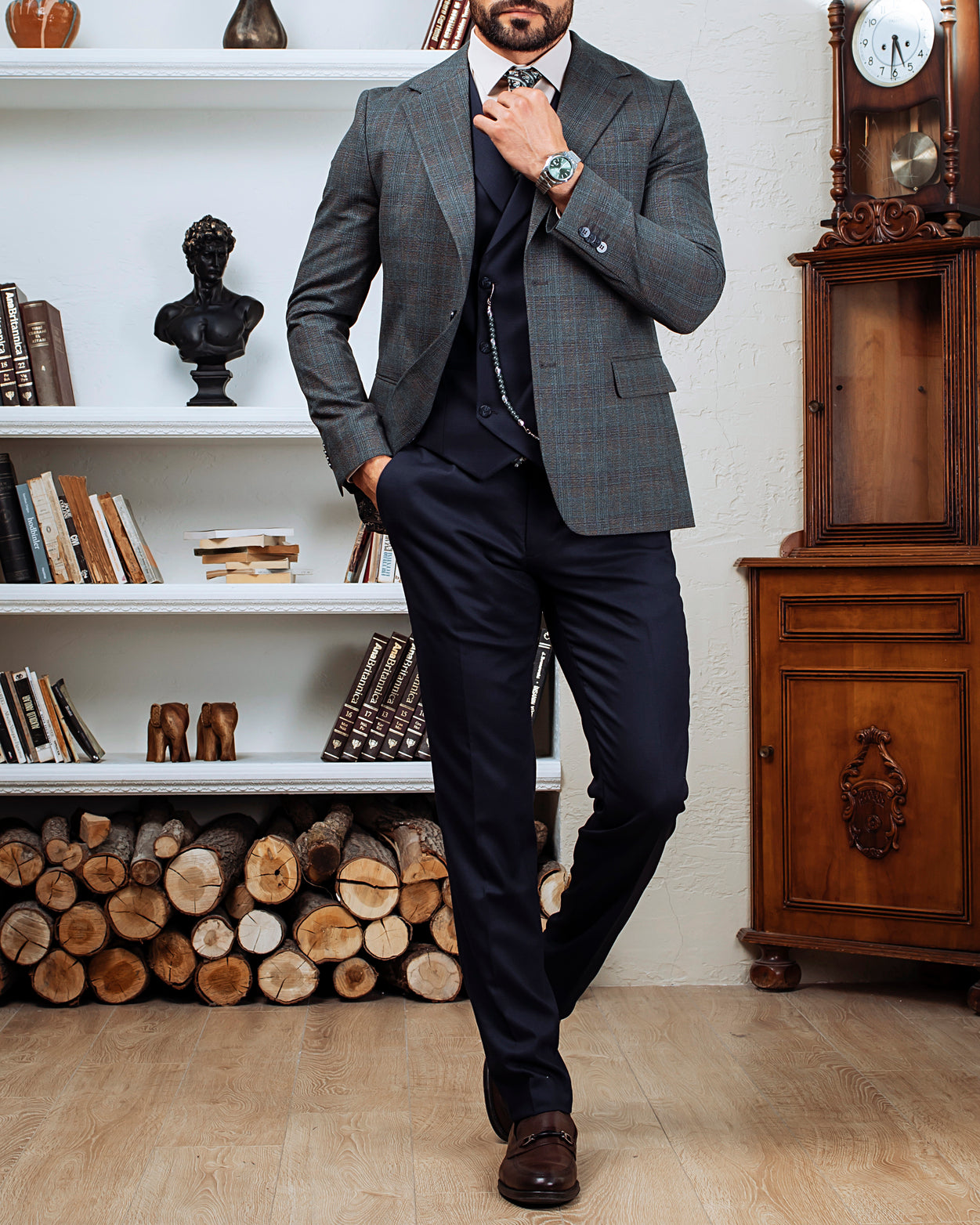 Grey Plaid Slim-Fit Suit 3-Piece