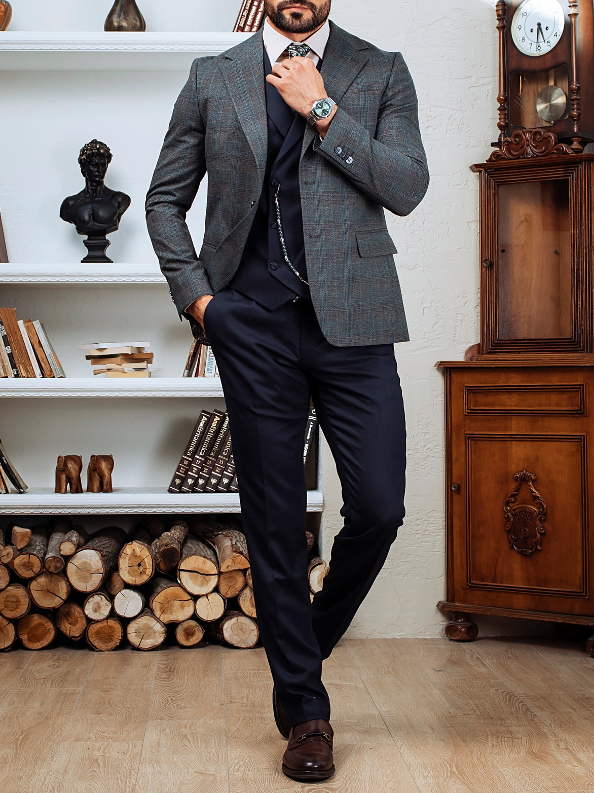 Grey Plaid Slim-Fit Suit 3-Piece