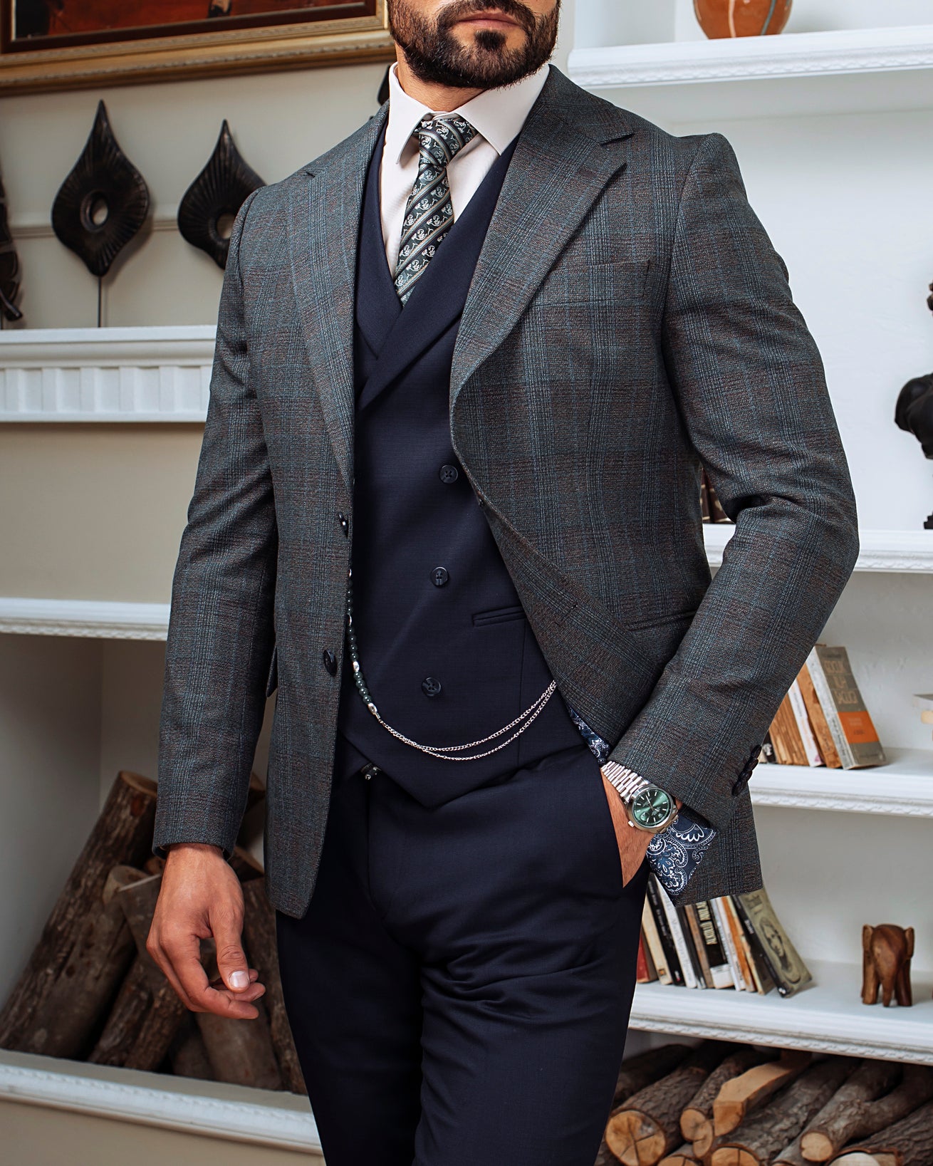 Grey Plaid Slim-Fit Suit 3-Piece