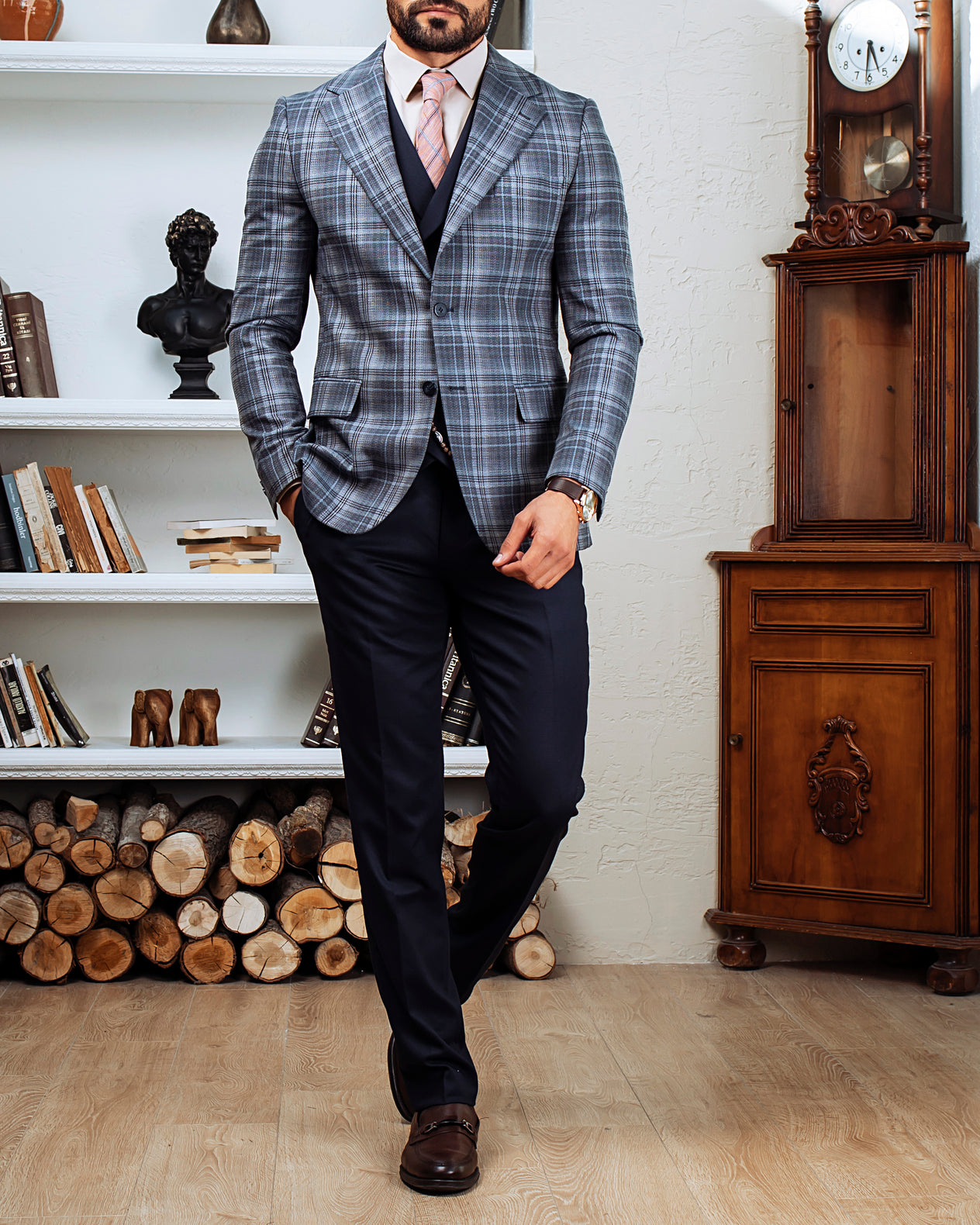 Blue Plaid Slim-Fit Suit 3-Piece