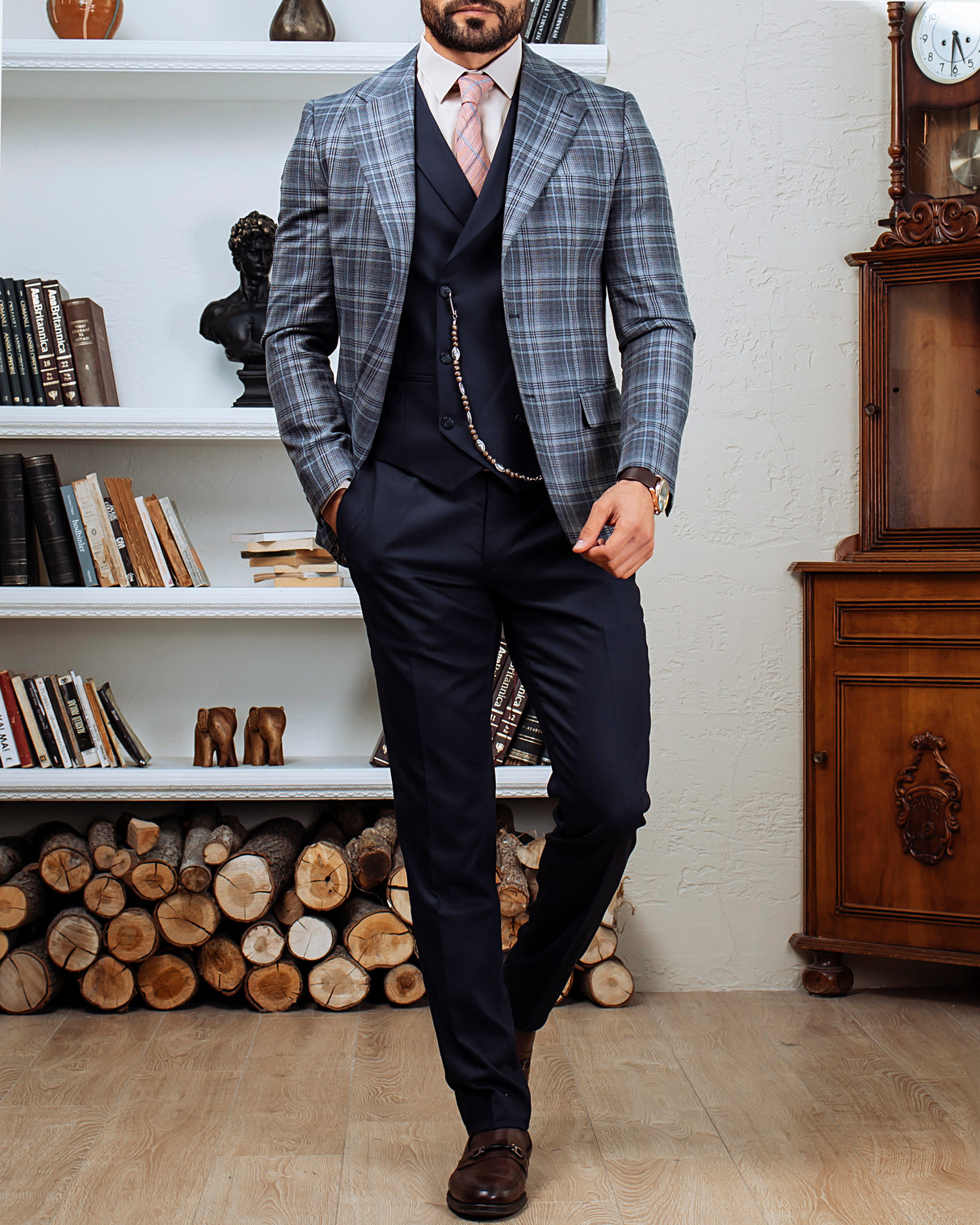 Blue Plaid Slim-Fit Suit 3-Piece