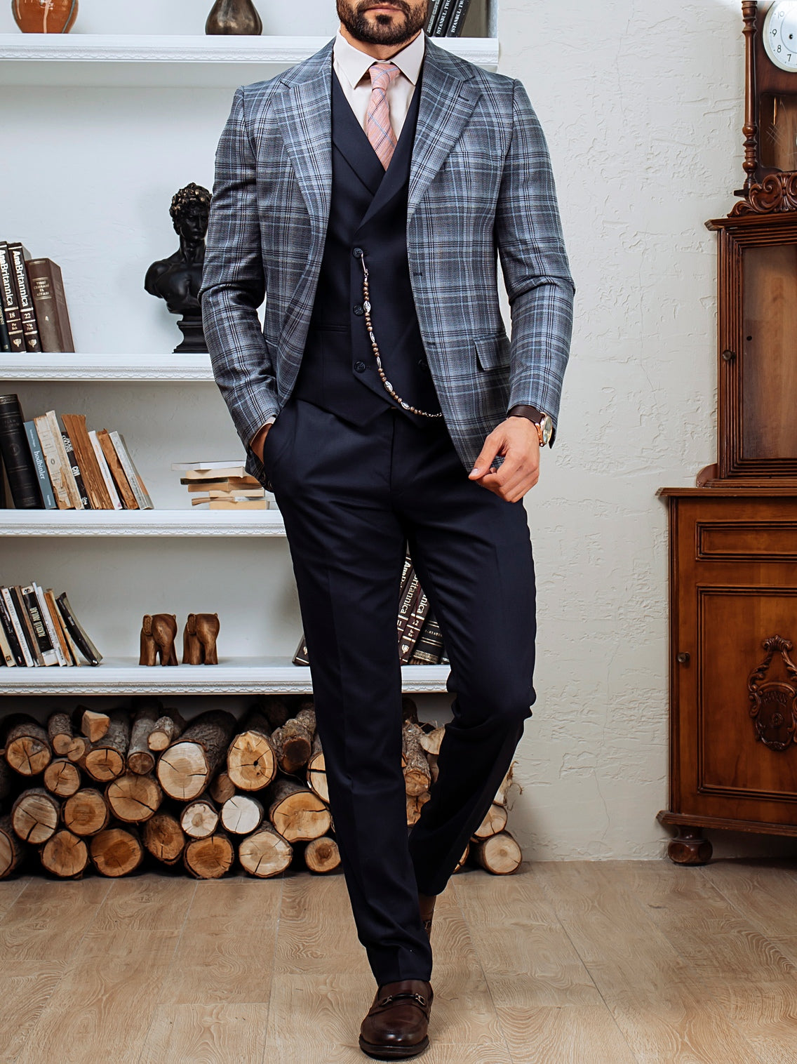 Blue Plaid Slim-Fit Suit 3-Piece
