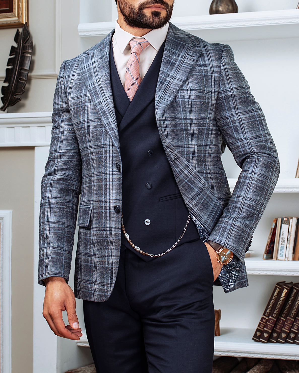 Blue Plaid Slim-Fit Suit 3-Piece