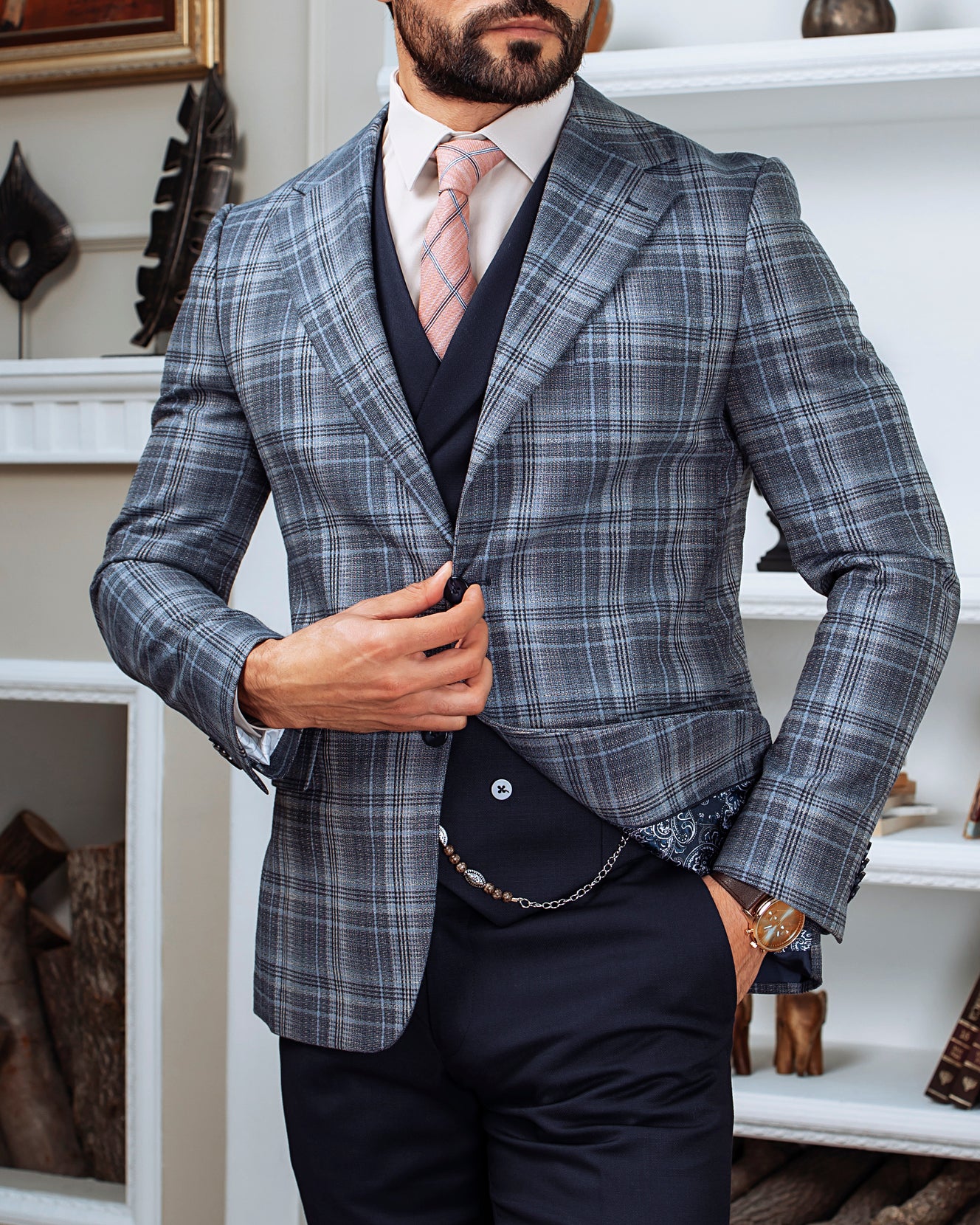 Blue Plaid Slim-Fit Suit 3-Piece