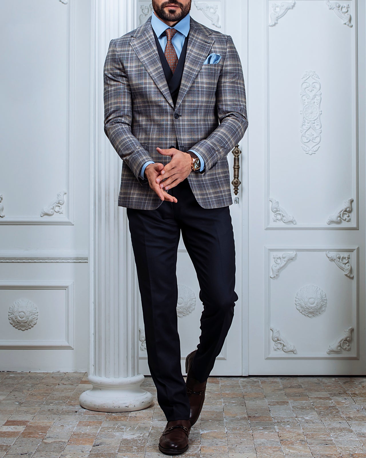 Grey Plaid Slim-Fit Suit 3-Piece