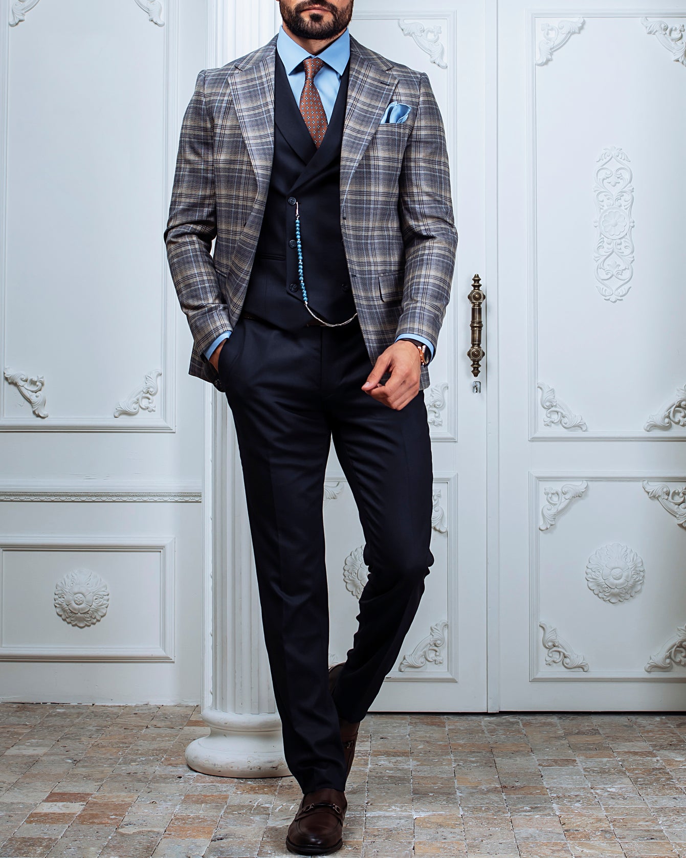 Grey Plaid Slim-Fit Suit 3-Piece