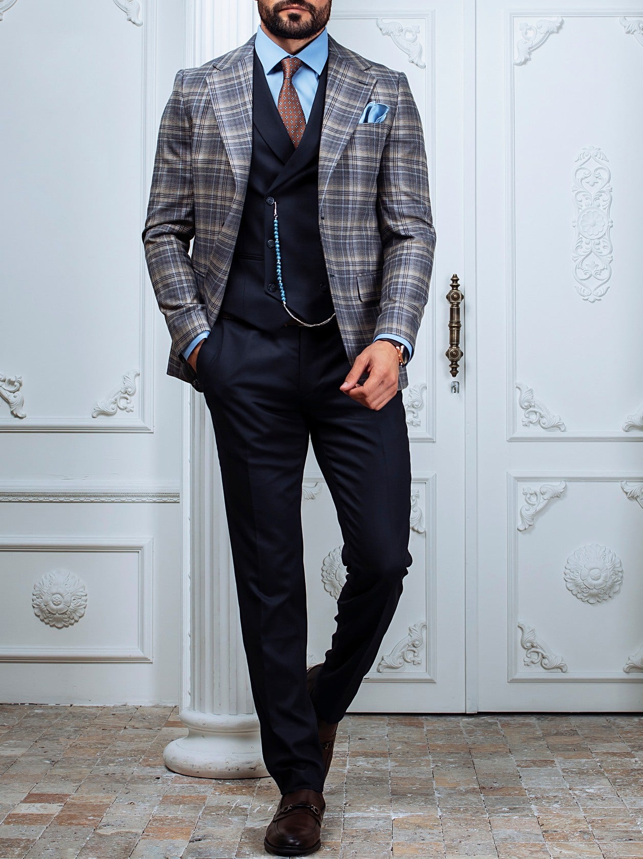 Grey Plaid Slim-Fit Suit 3-Piece