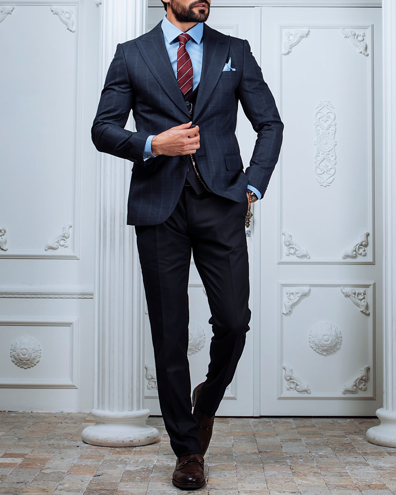 Navy Plaid Slim-Fit Suit 3-Piece