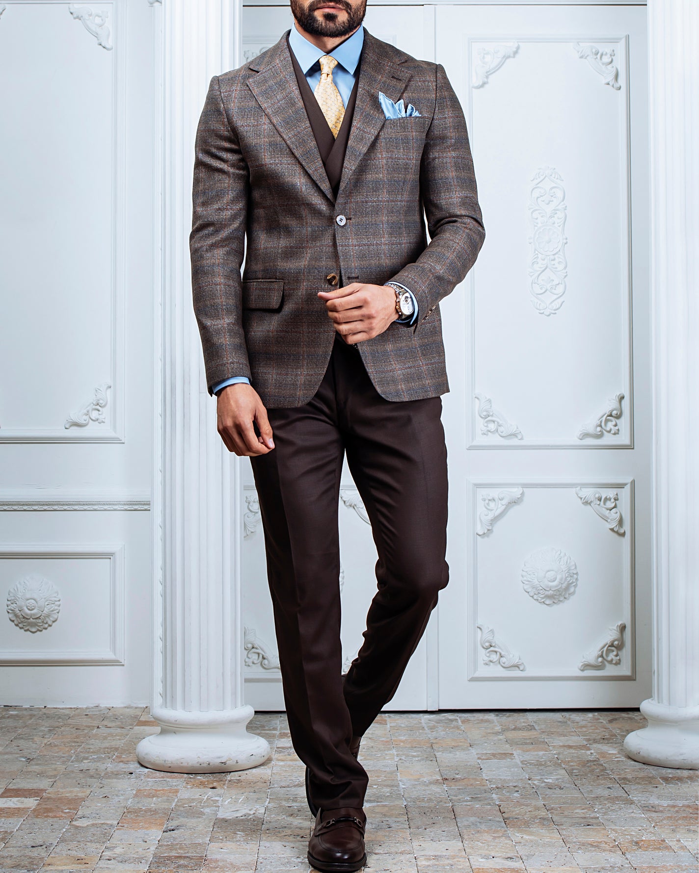 Brown Plaid Slim-Fit Suit 3-Piece