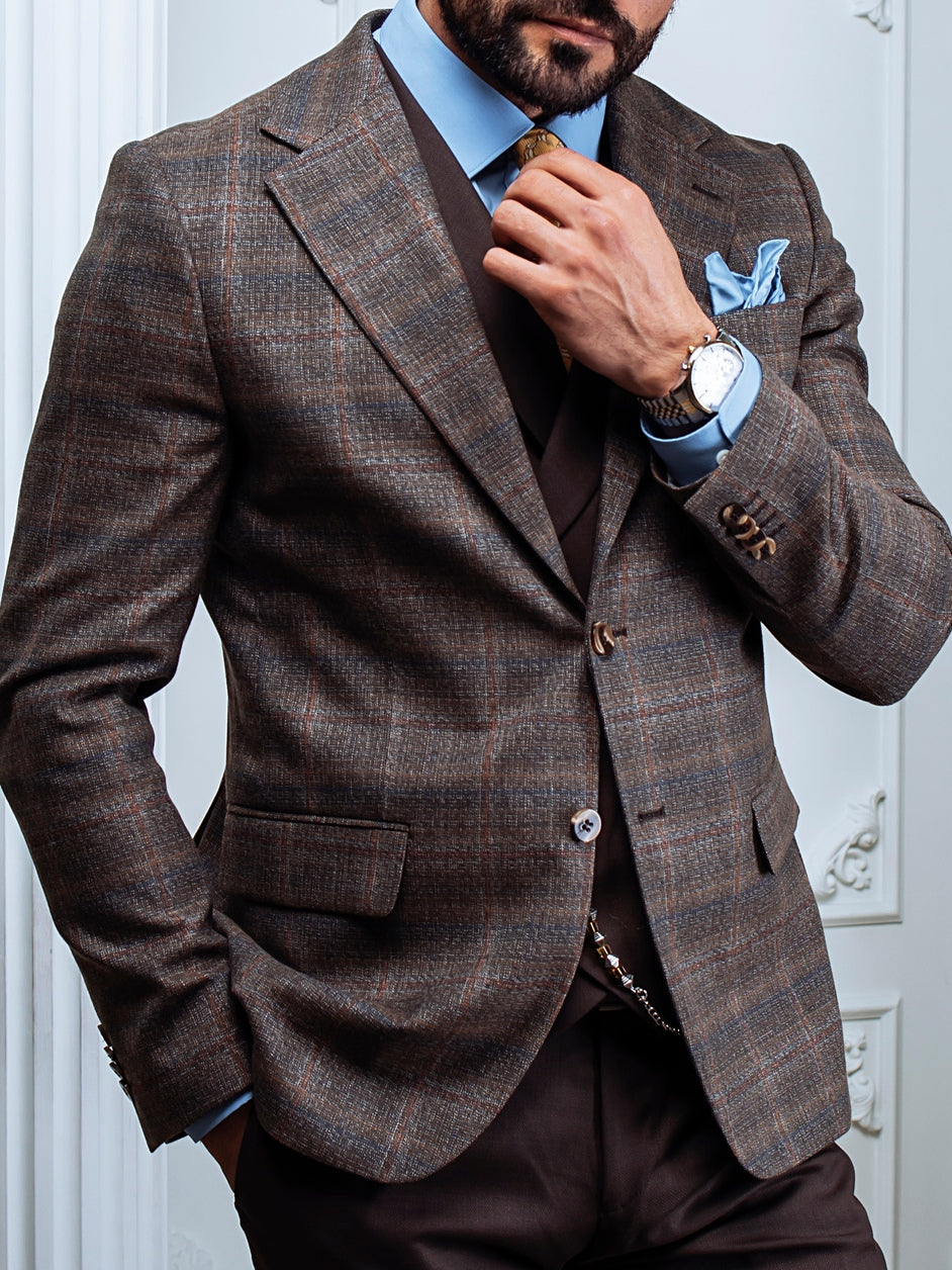 Brown Plaid Slim-Fit Suit 3-Piece
