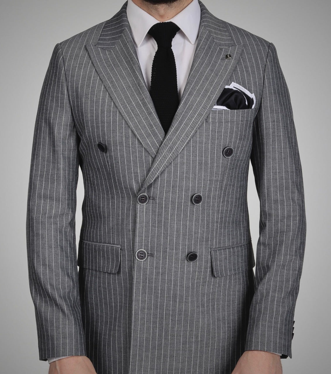 Grey Striped Double Breasted Suit 2-Piece