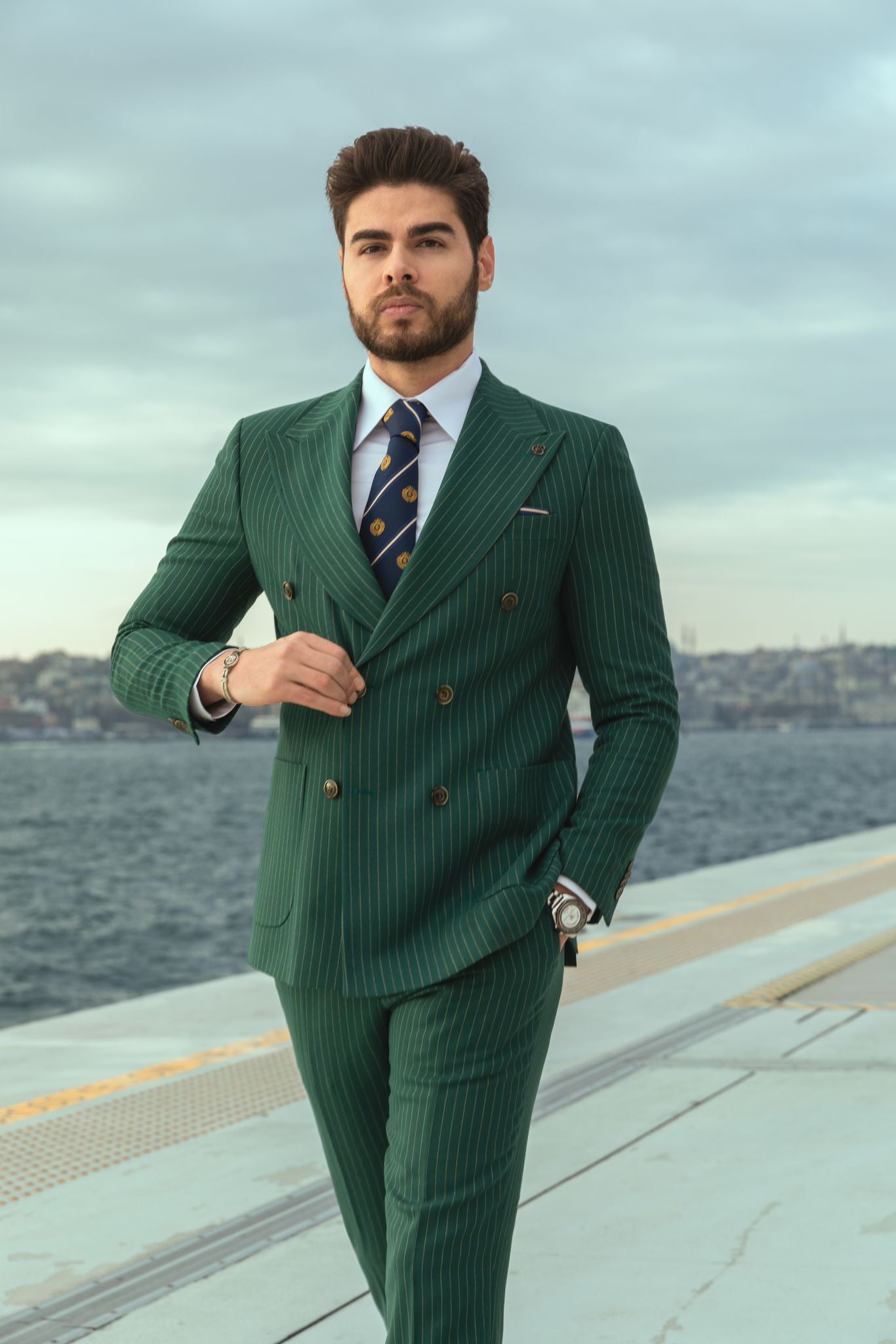 Green Striped Double Breasted Suit 2-Piece