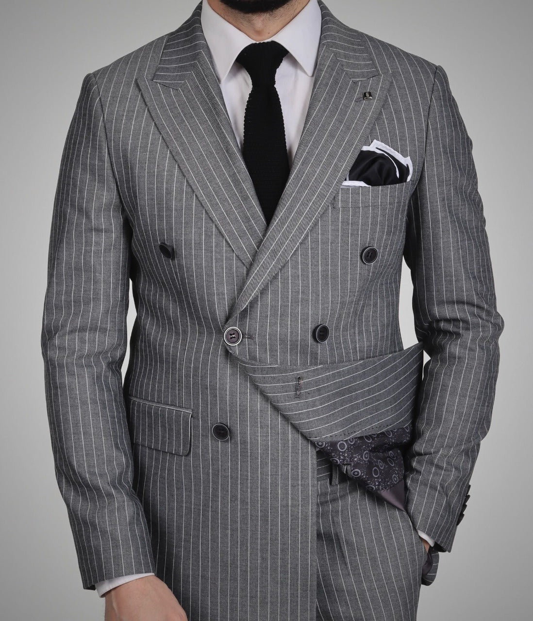 Grey Striped Double Breasted Suit 2-Piece