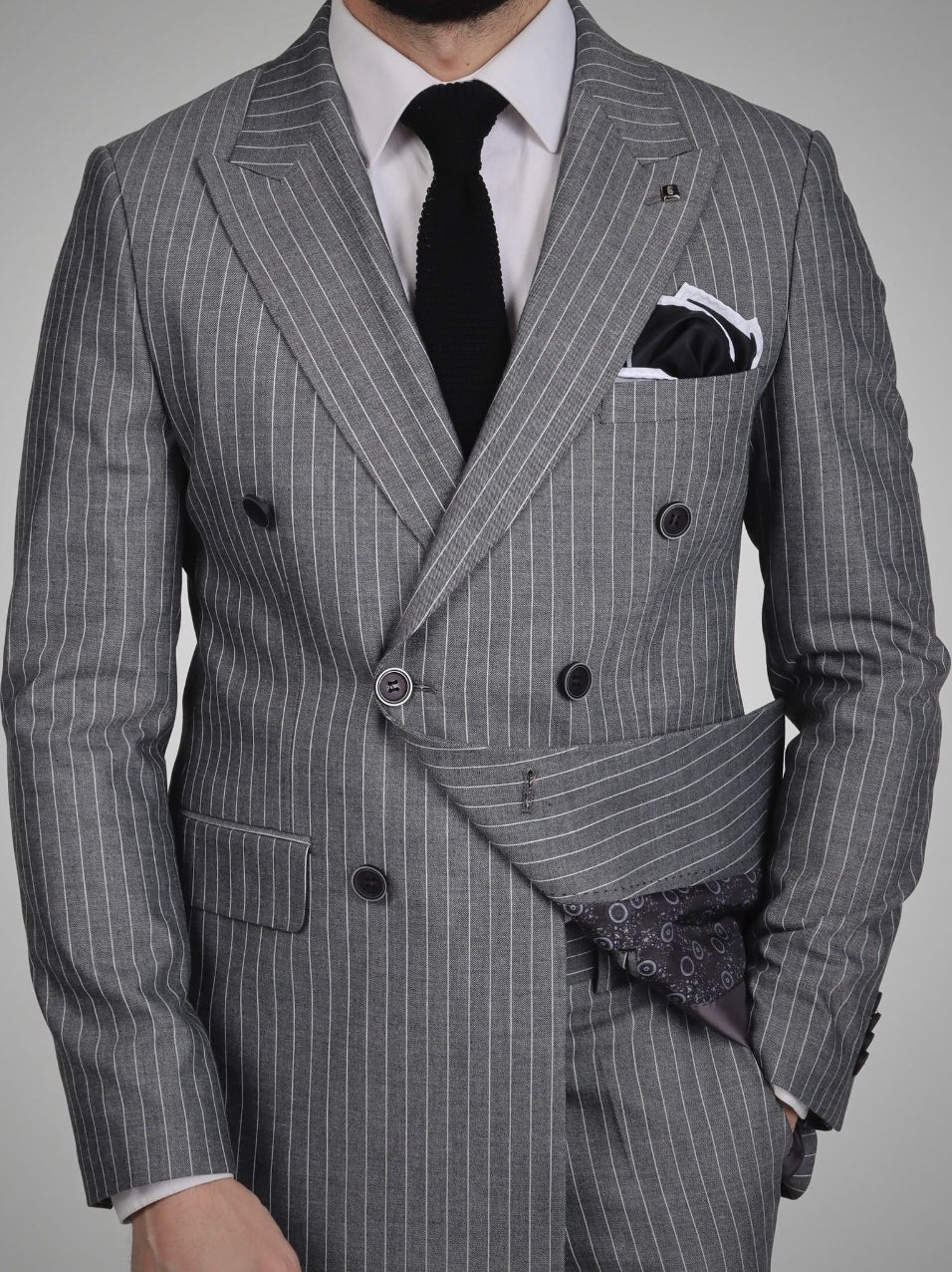 Grey Striped Double Breasted Suit 2-Piece