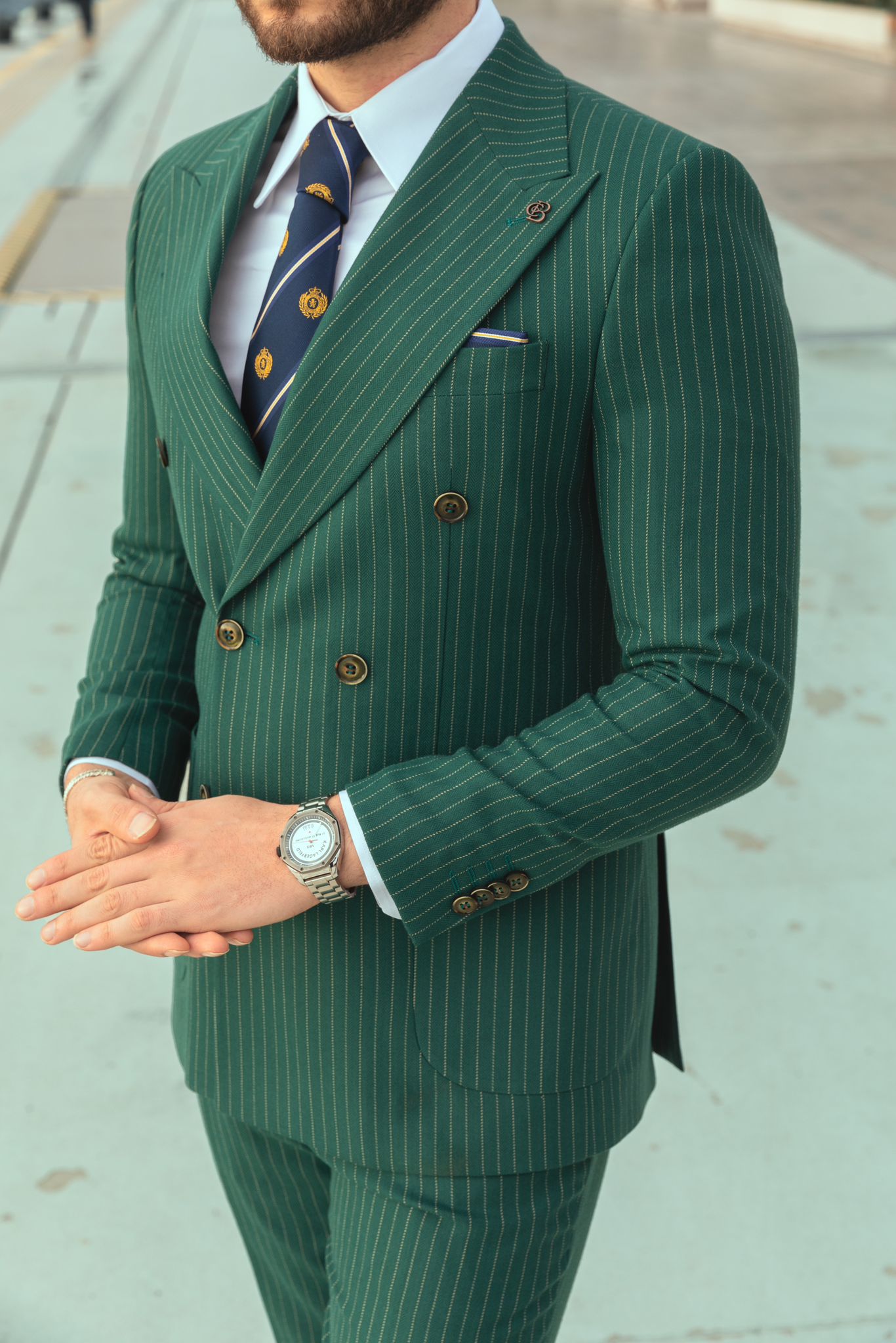 Green Striped Double Breasted Suit 2-Piece