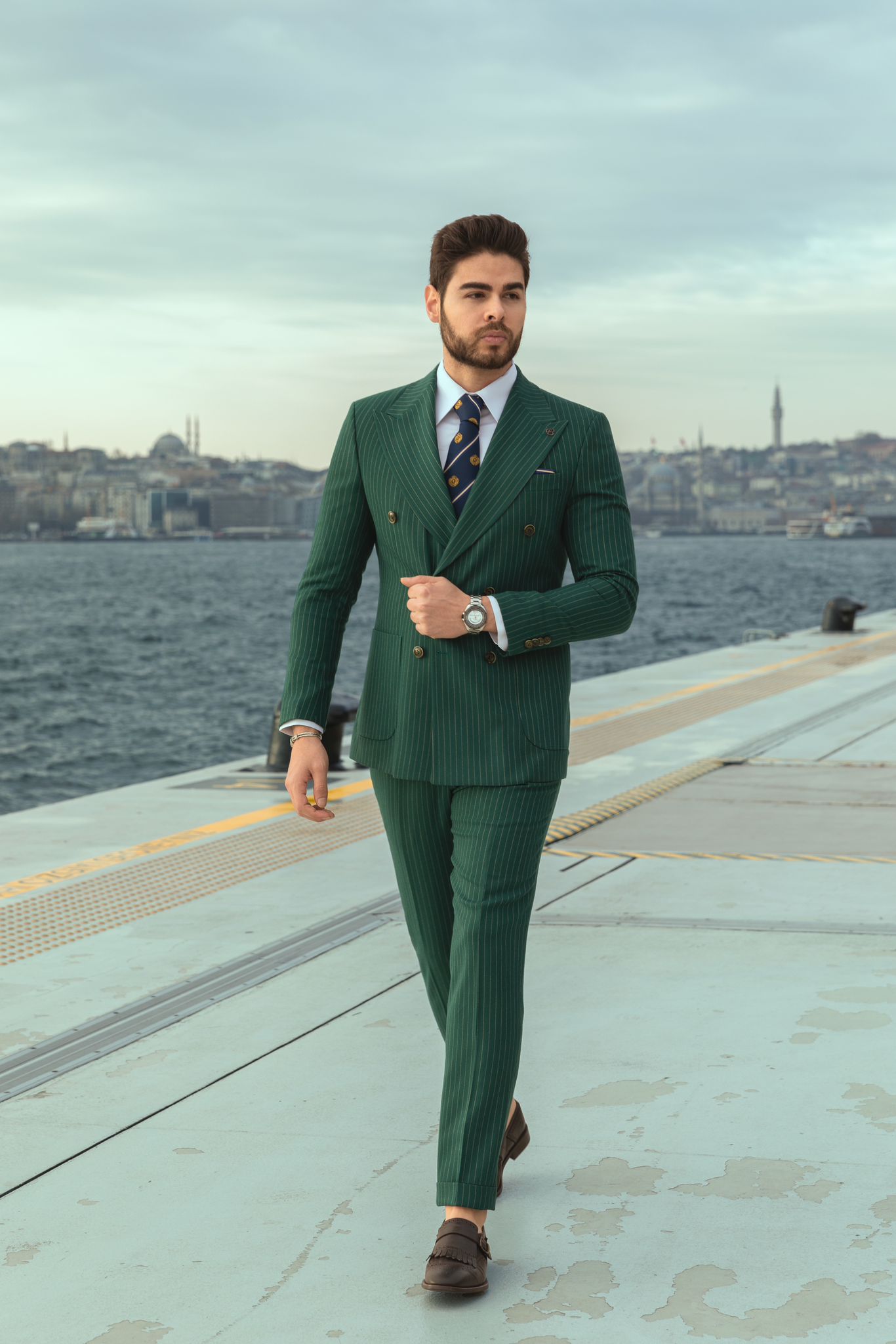 Green Striped Double Breasted Suit 2-Piece