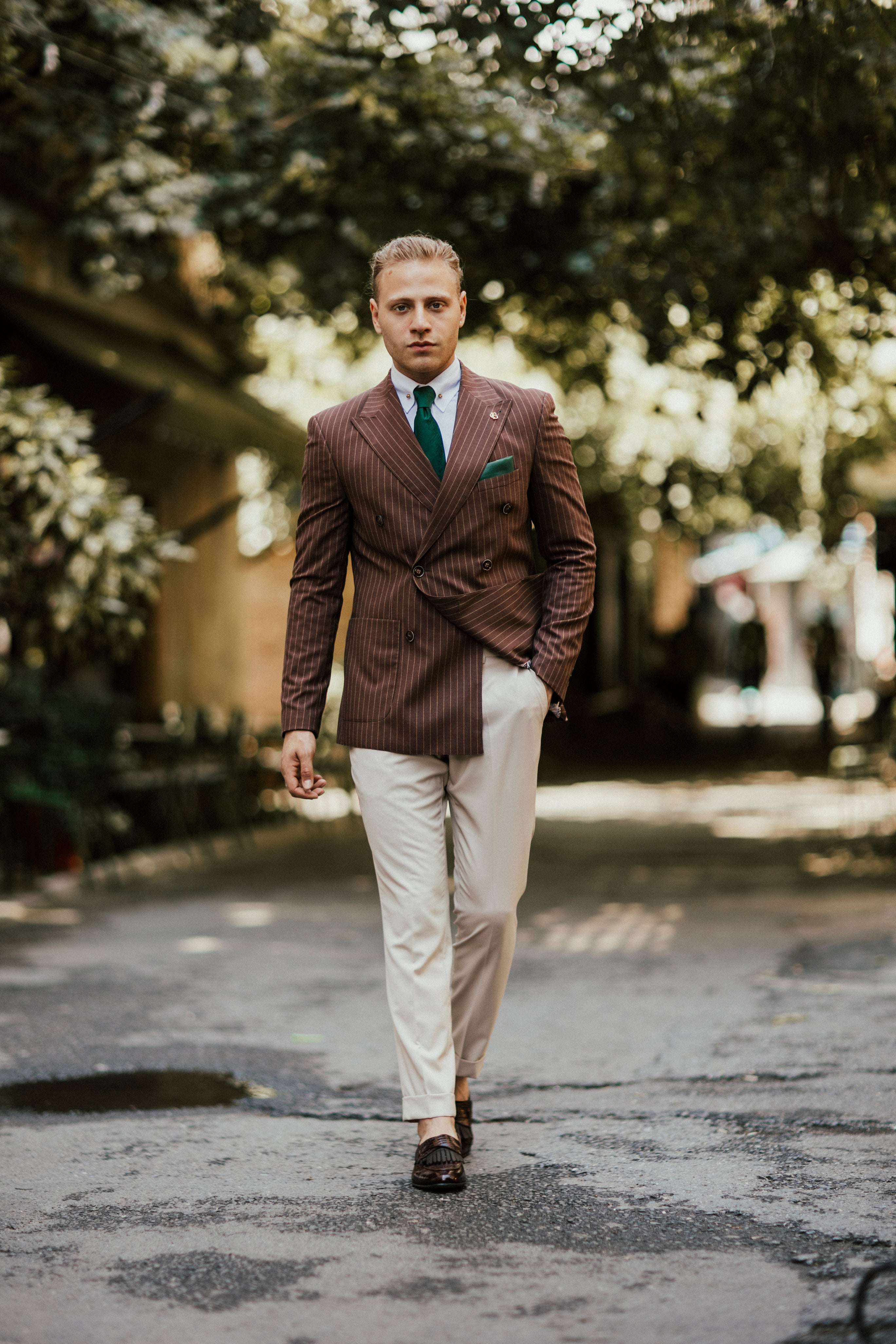 Brown Striped Double Breasted Suit 2-Piece