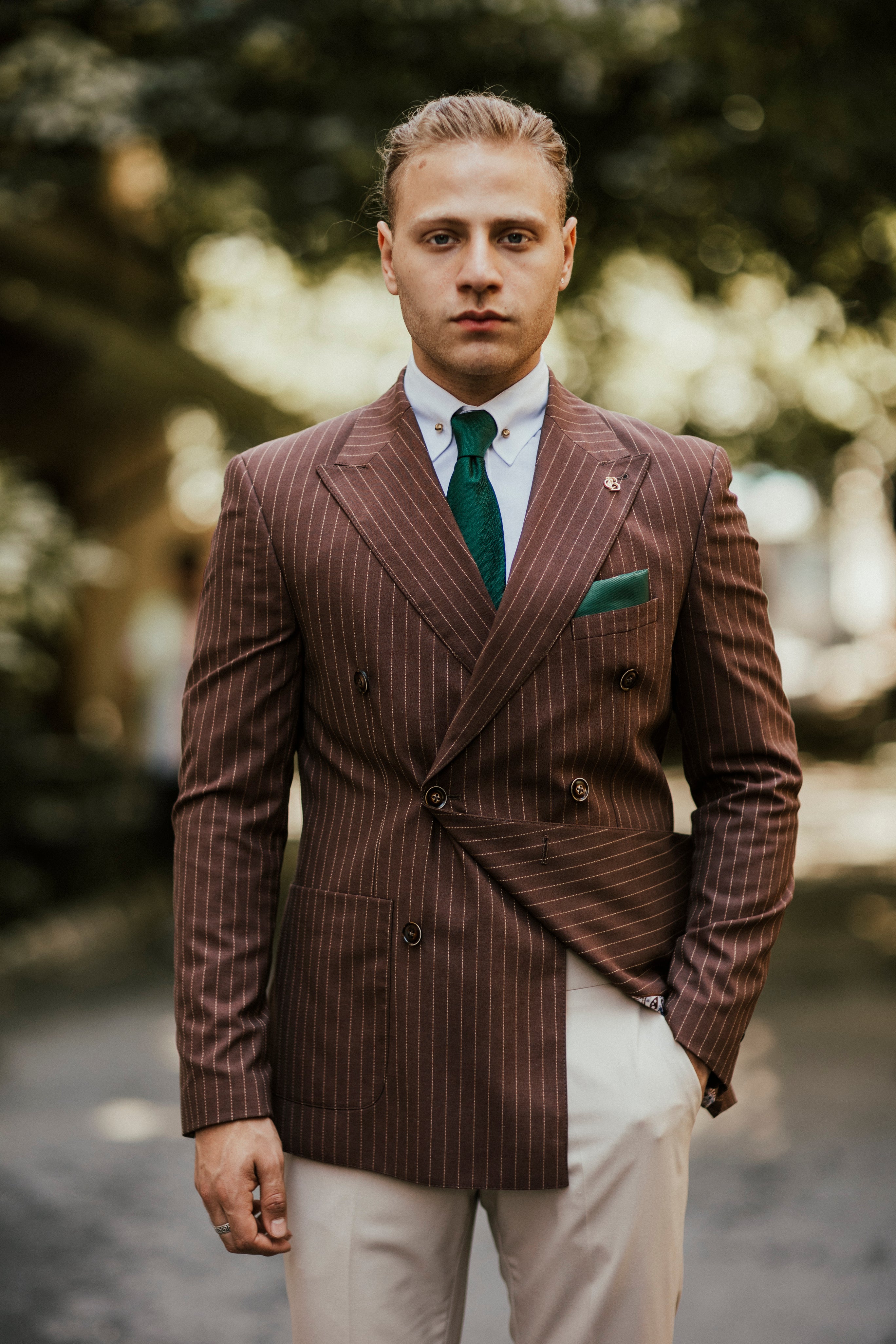 Brown Striped Double Breasted Suit 2-Piece