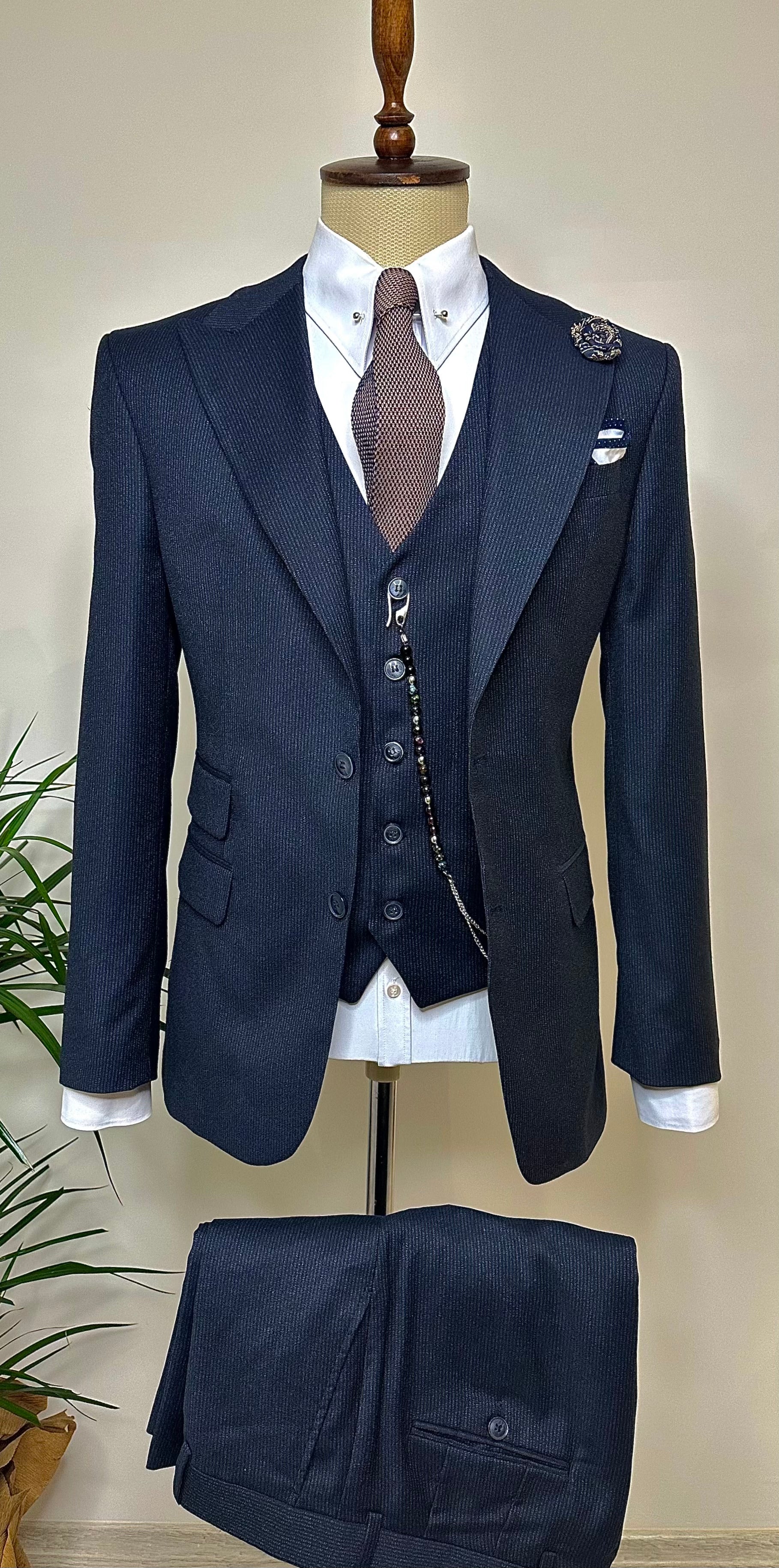 Navy Striped Slim-Fit Suit 3-Piece
