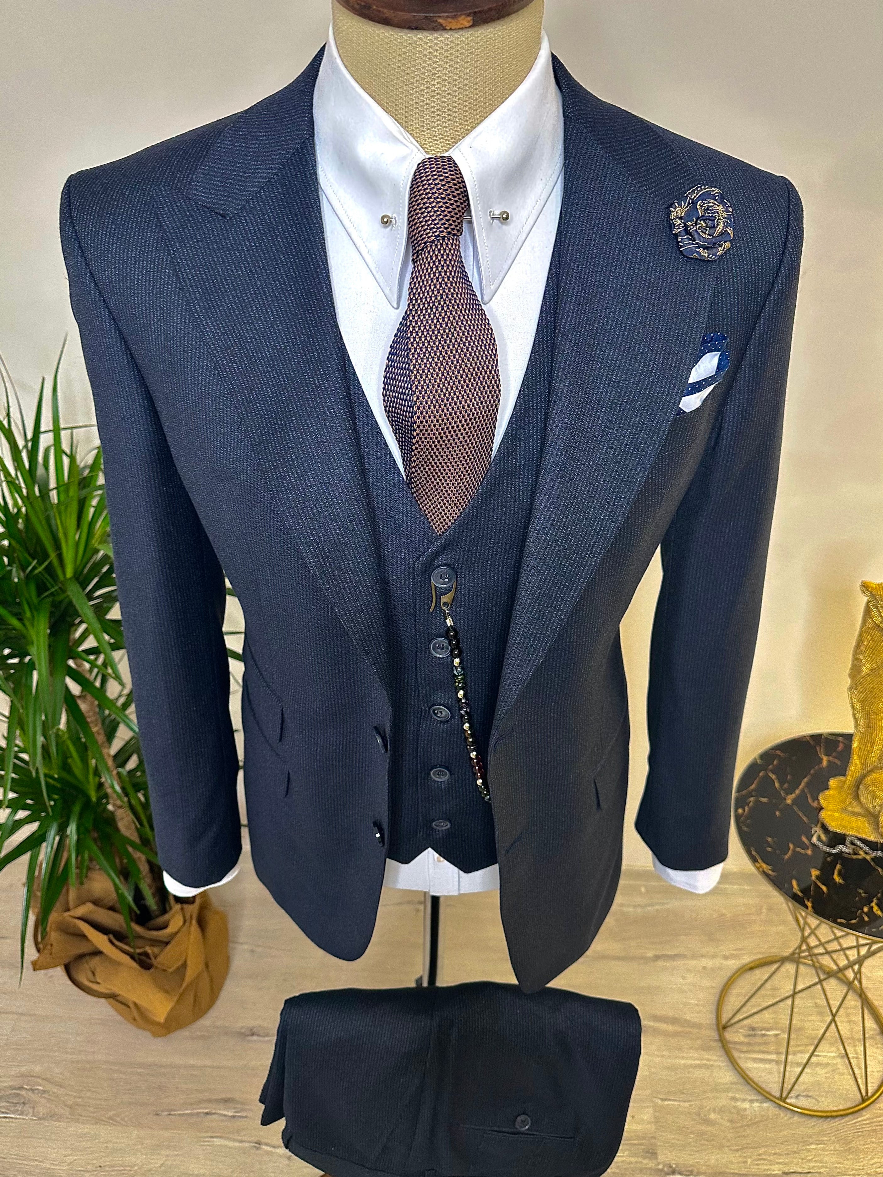 Navy Striped Slim-Fit Suit 3-Piece