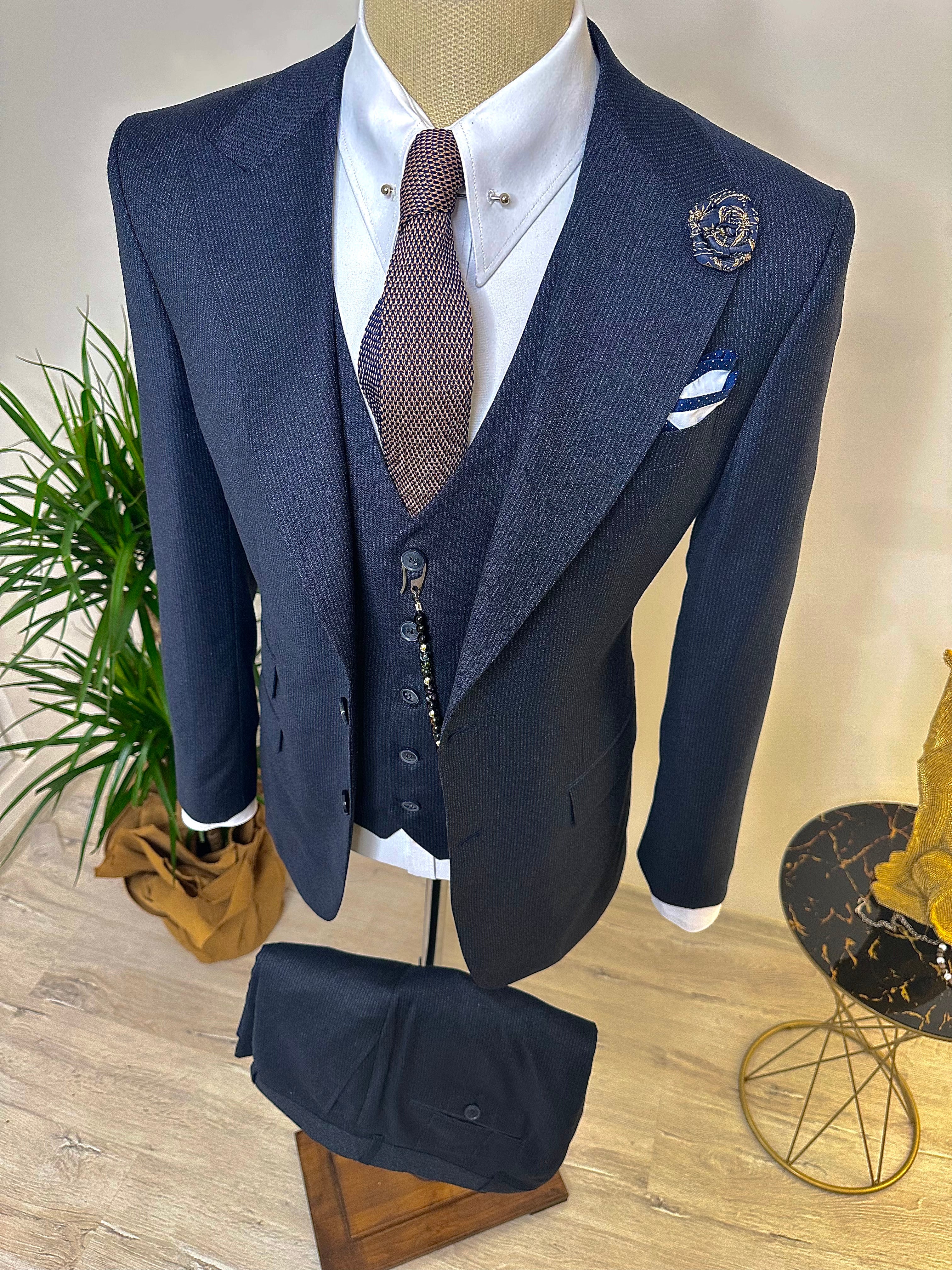 Navy Striped Slim-Fit Suit 3-Piece
