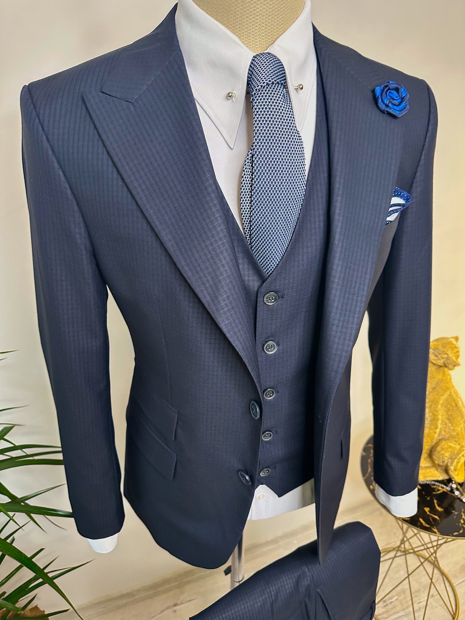Navy Plaid Slim-Fit Suit 3-Piece