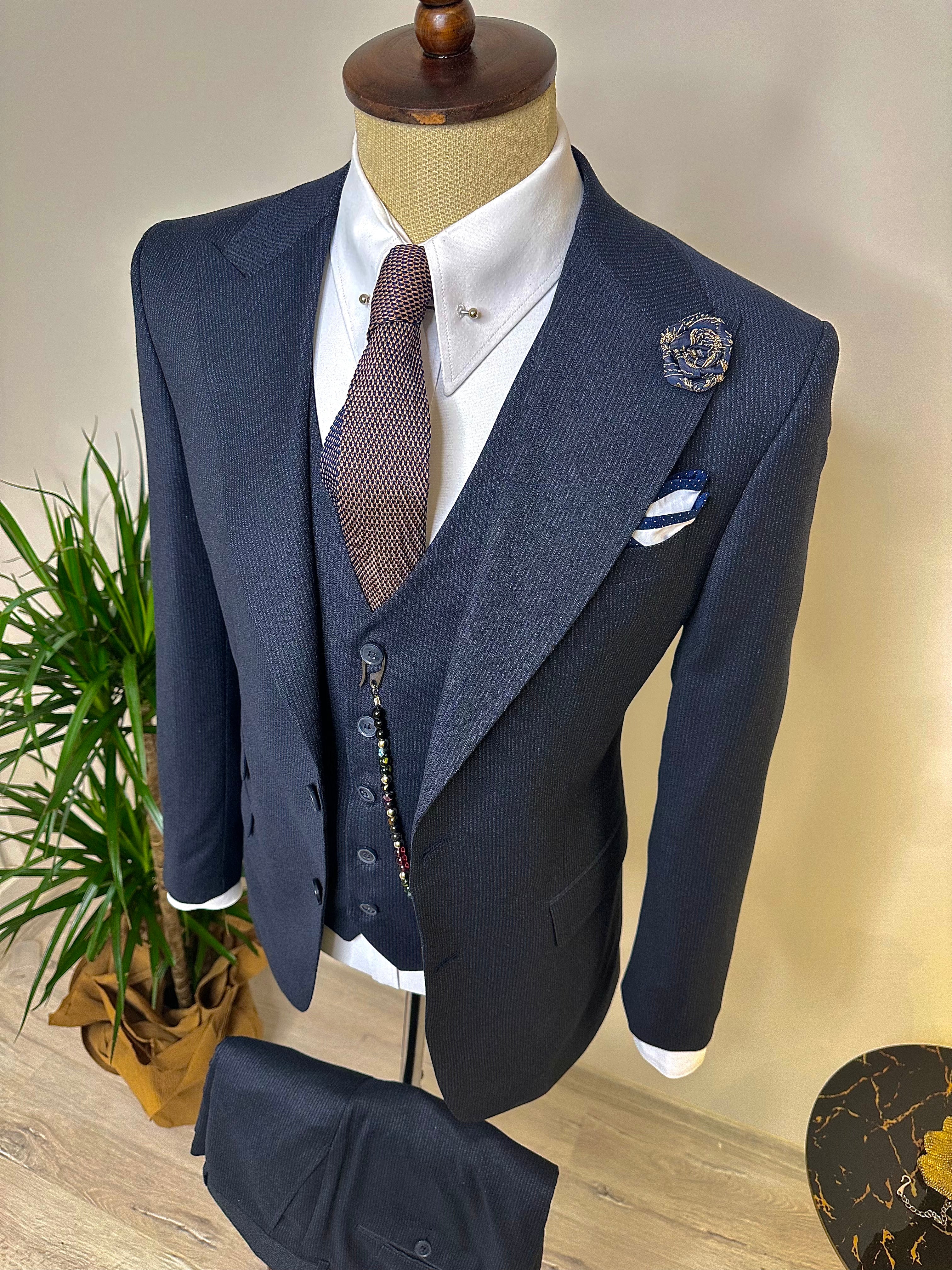 Navy Striped Slim-Fit Suit 3-Piece