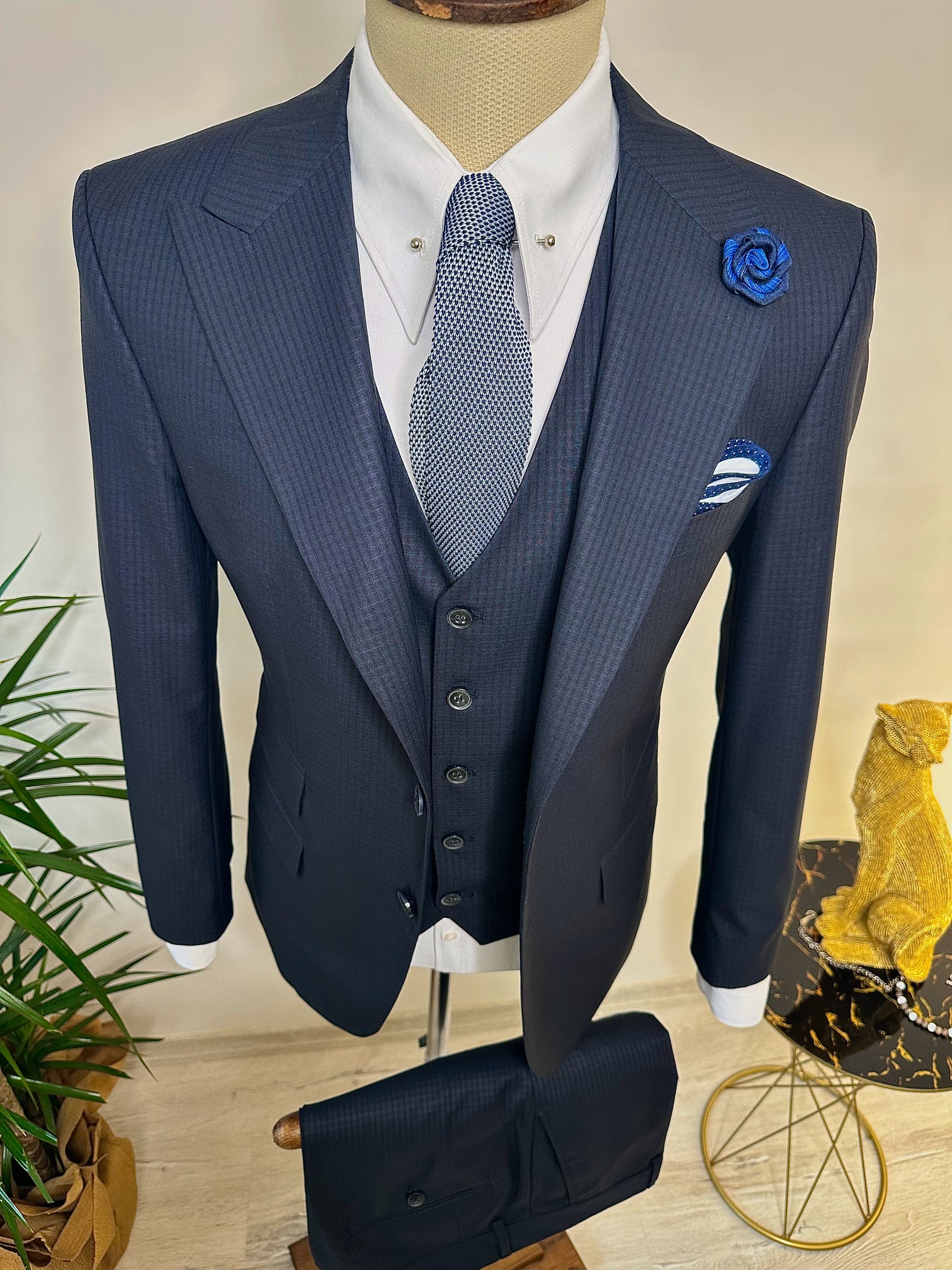 Navy Plaid Slim-Fit Suit 3-Piece