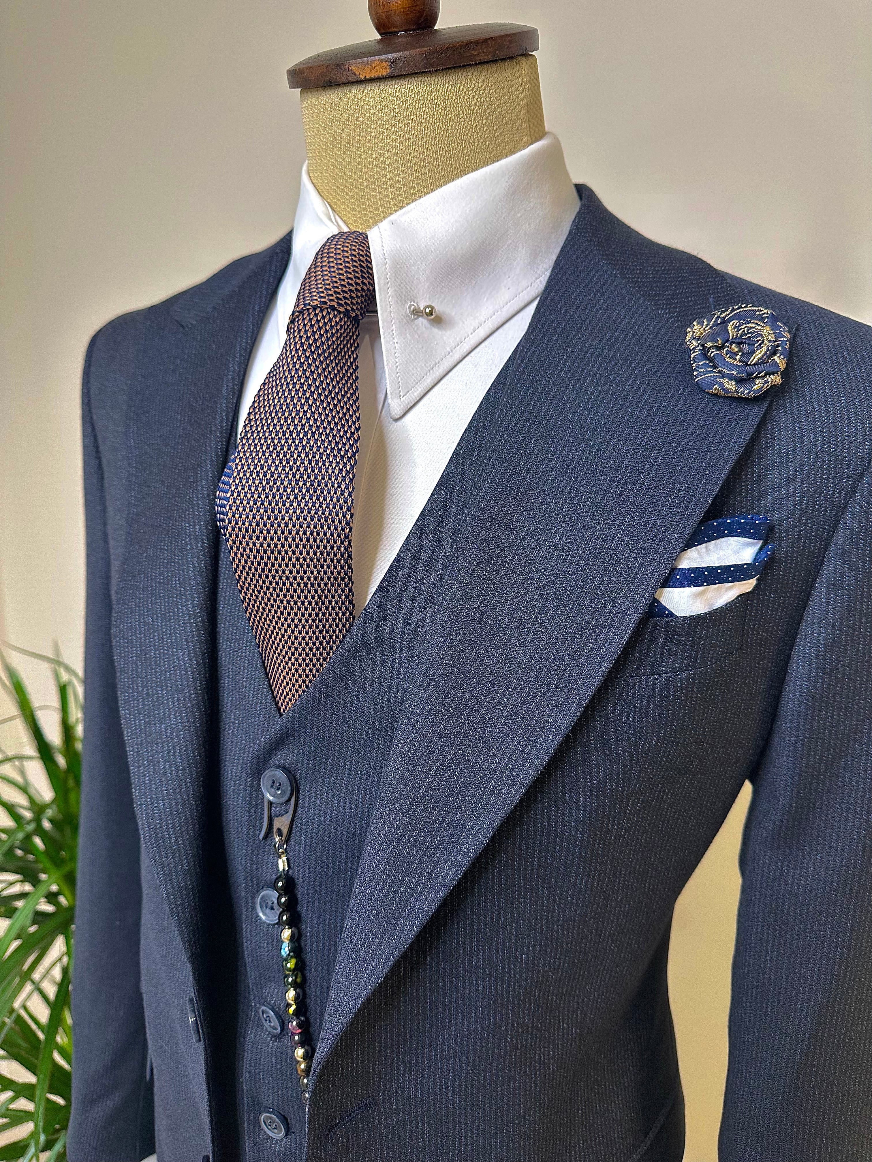 Navy Striped Slim-Fit Suit 3-Piece