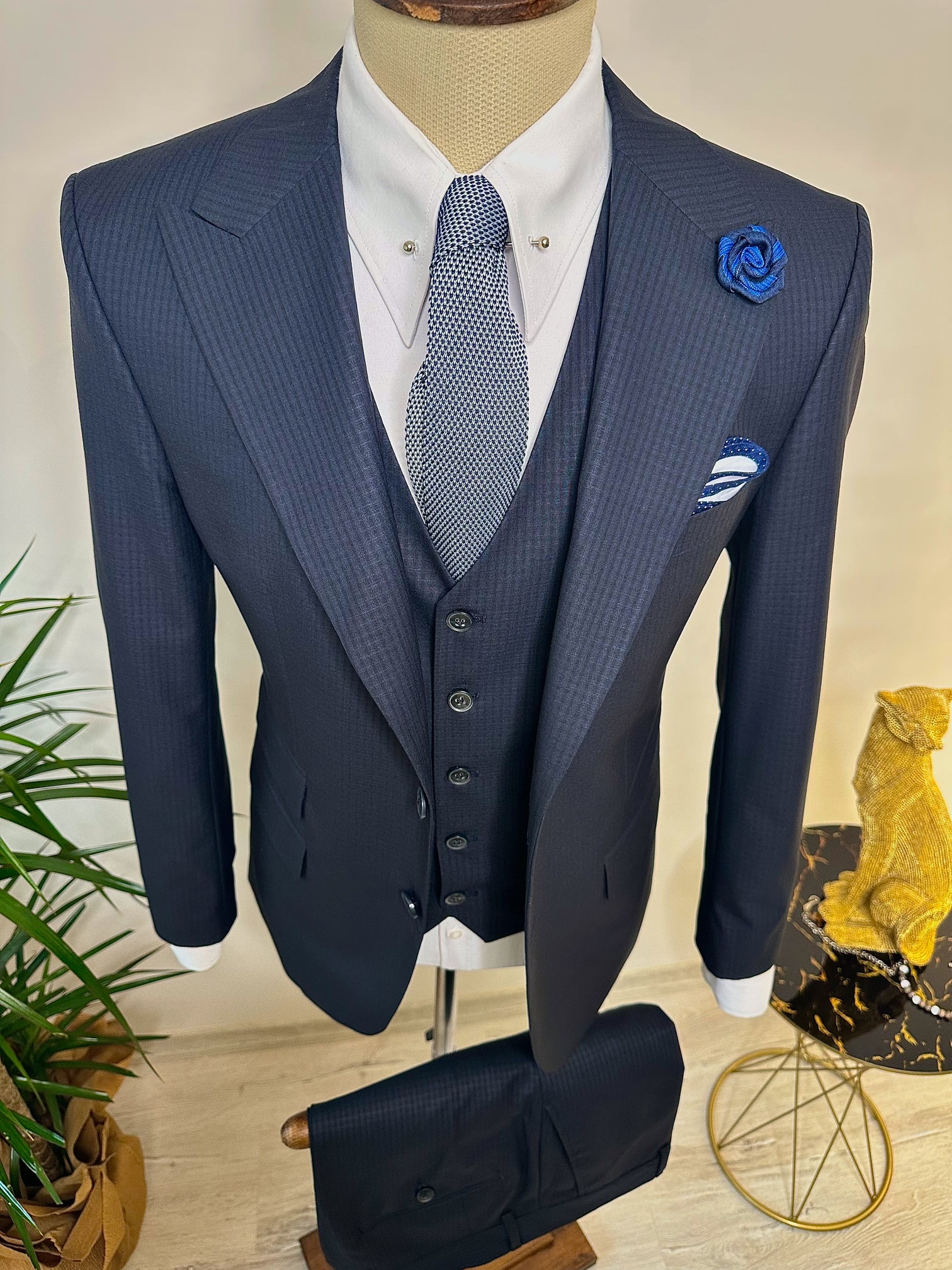 Navy Plaid Slim-Fit Suit 3-Piece