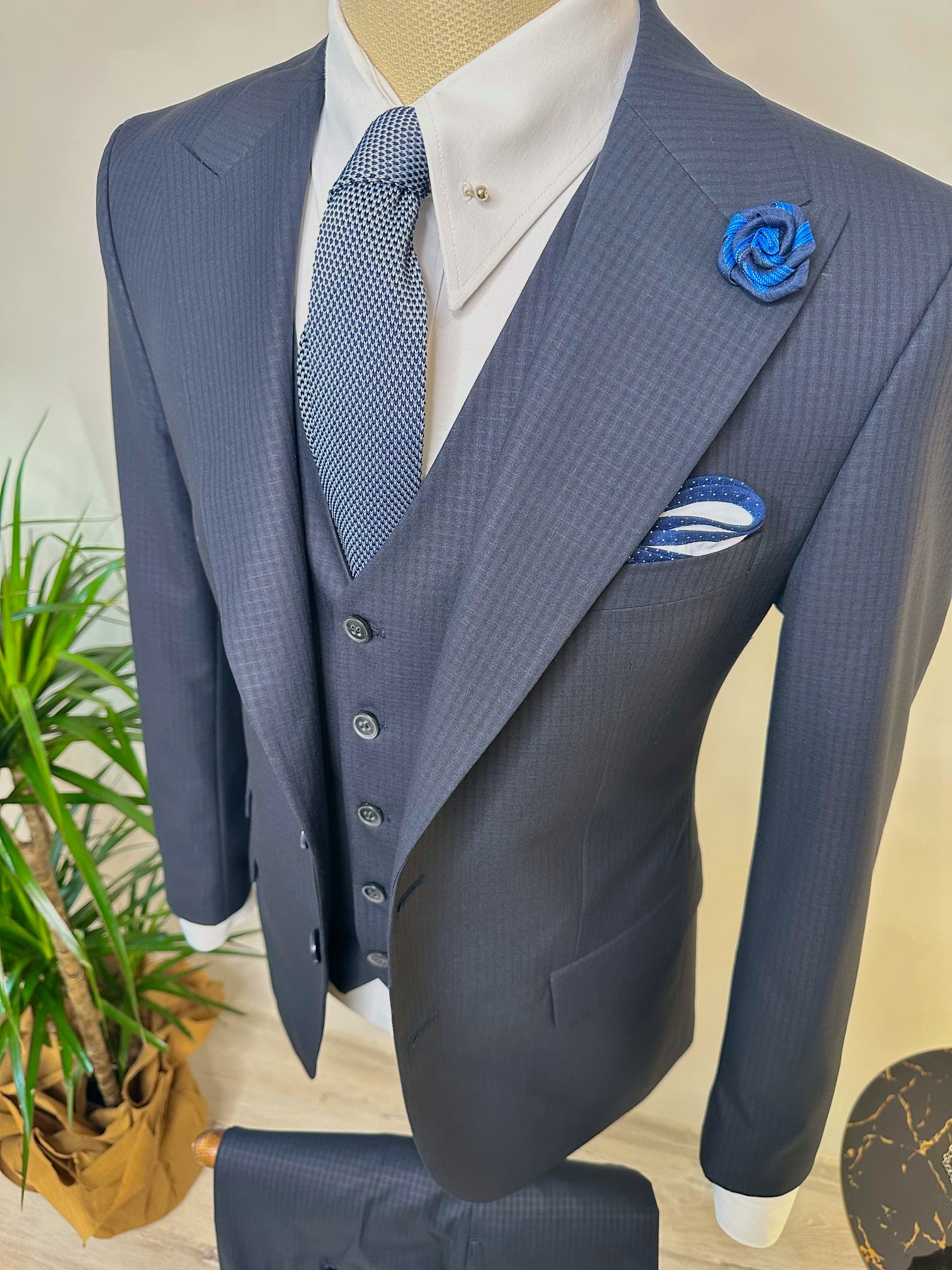 Navy Plaid Slim-Fit Suit 3-Piece