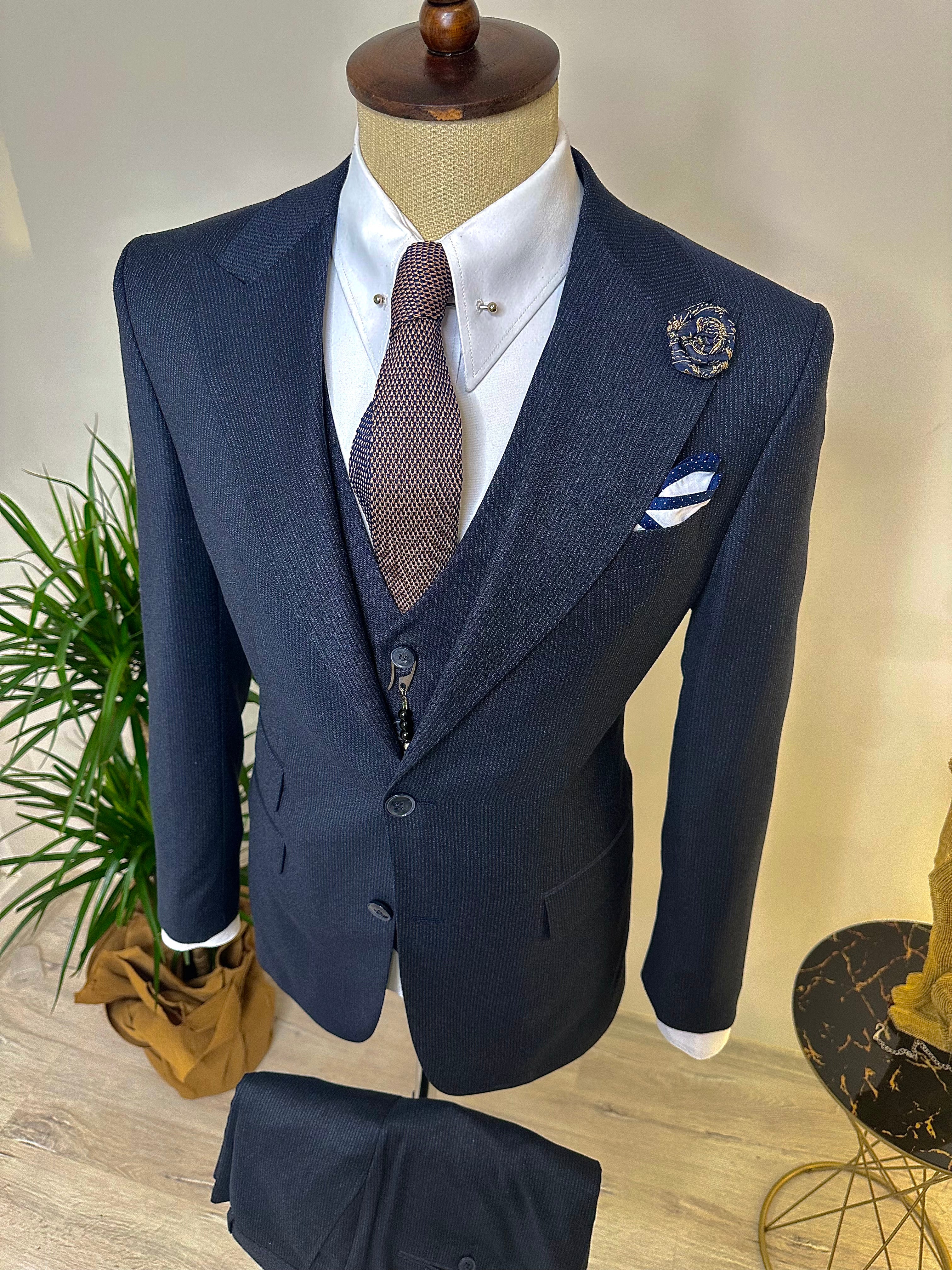 Navy Striped Slim-Fit Suit 3-Piece