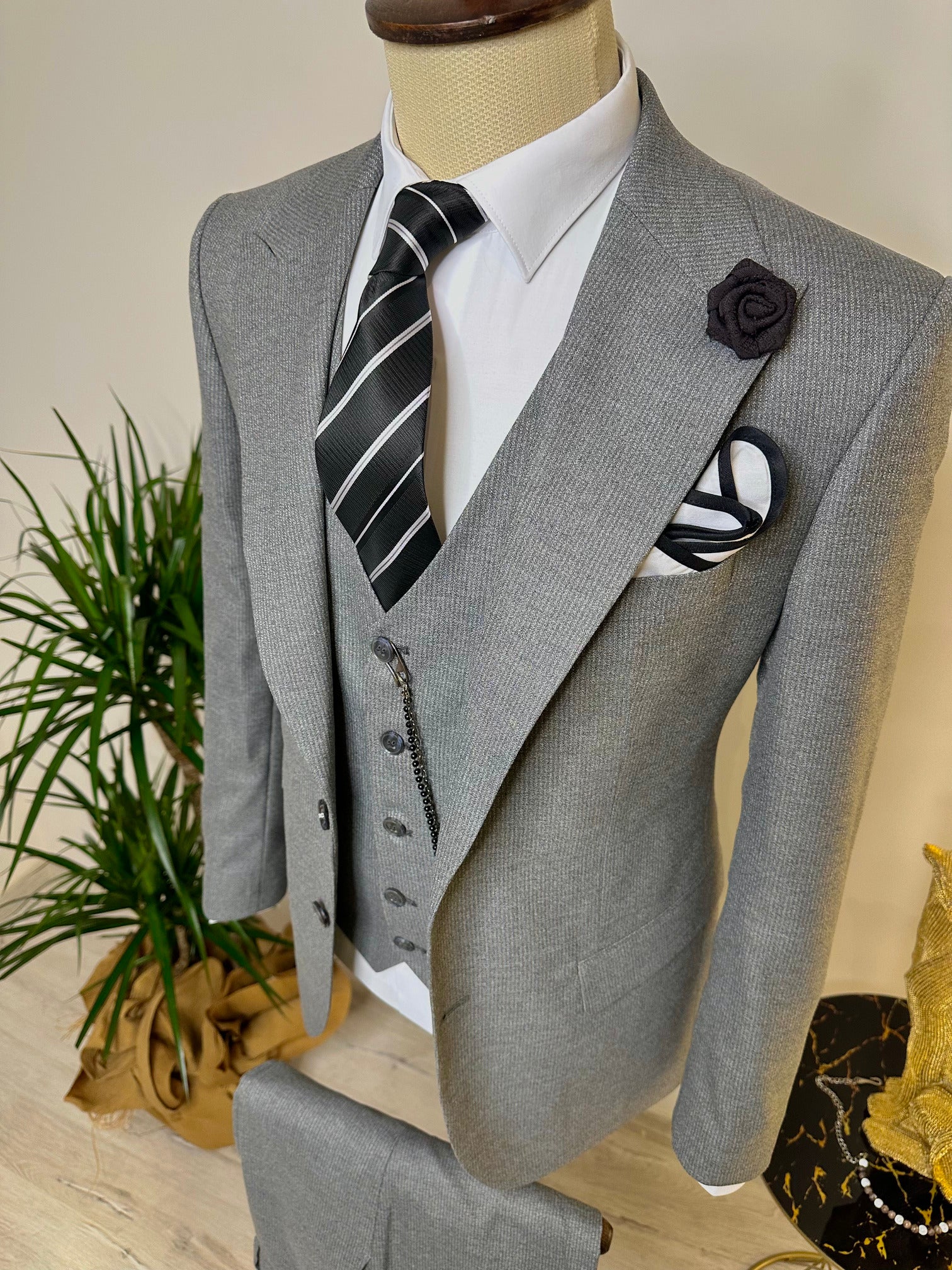 Grey Striped Slim-Fit Suit 3-Piece