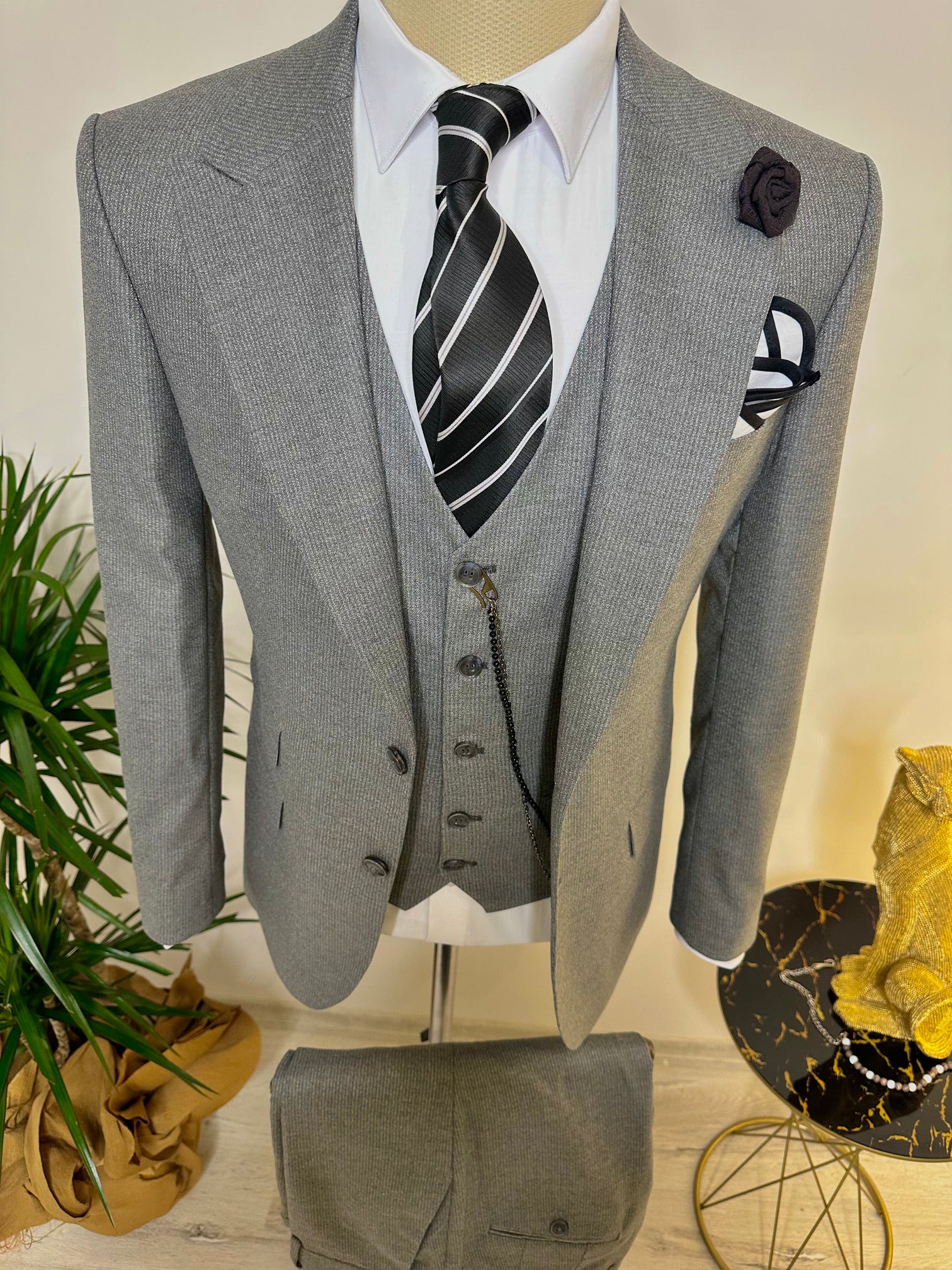Grey Striped Slim-Fit Suit 3-Piece