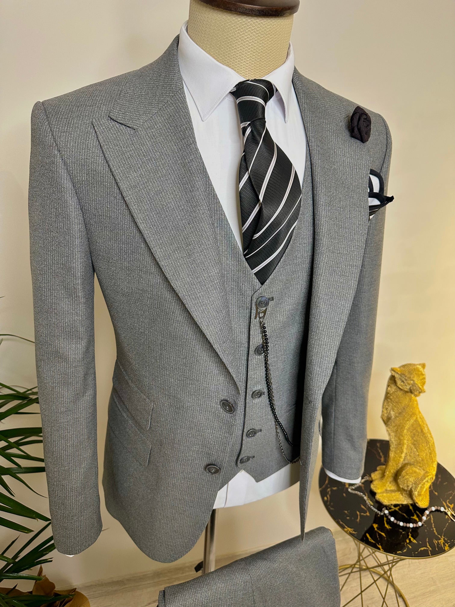 Grey Striped Slim-Fit Suit 3-Piece