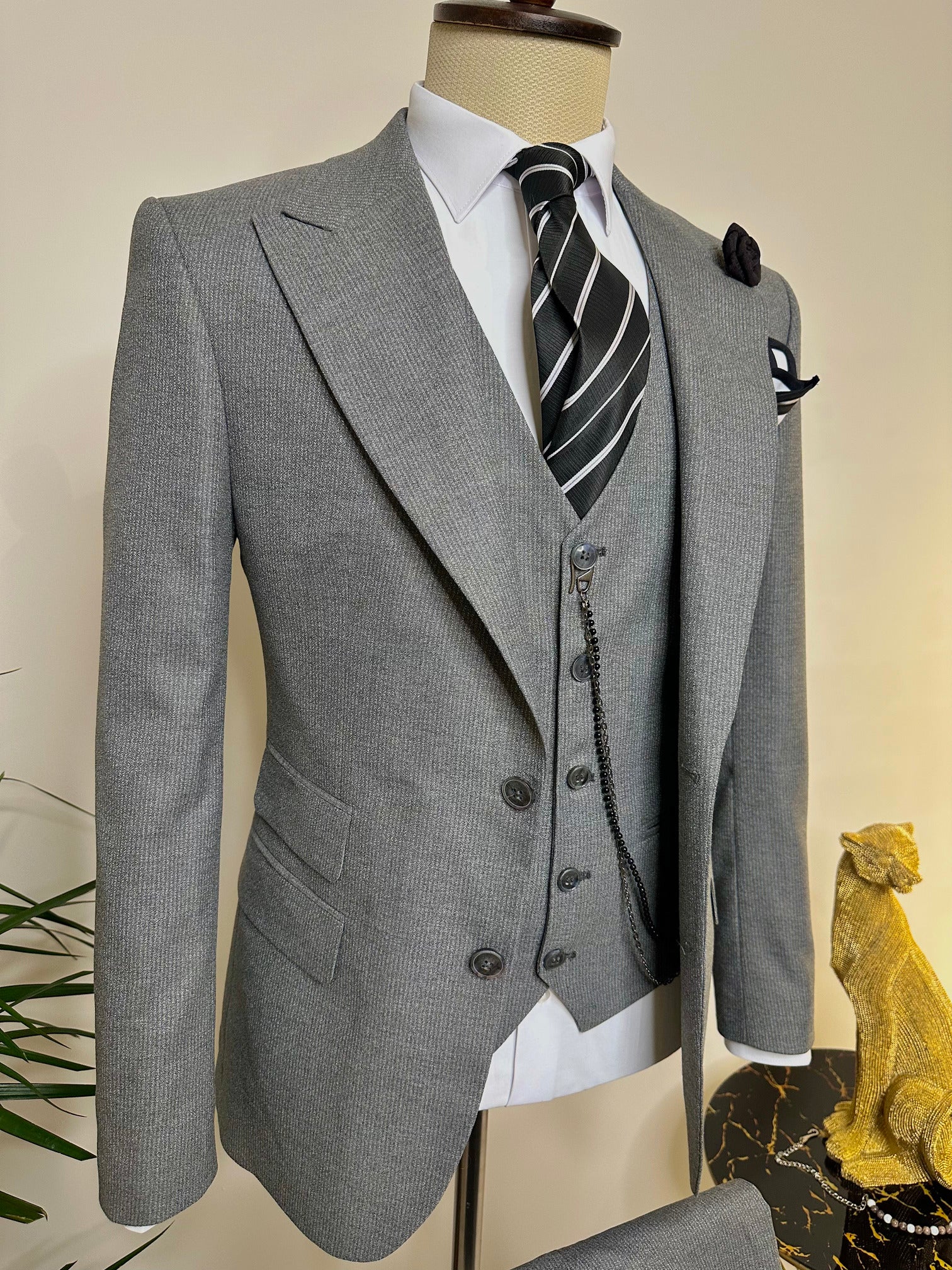 Grey Striped Slim-Fit Suit 3-Piece