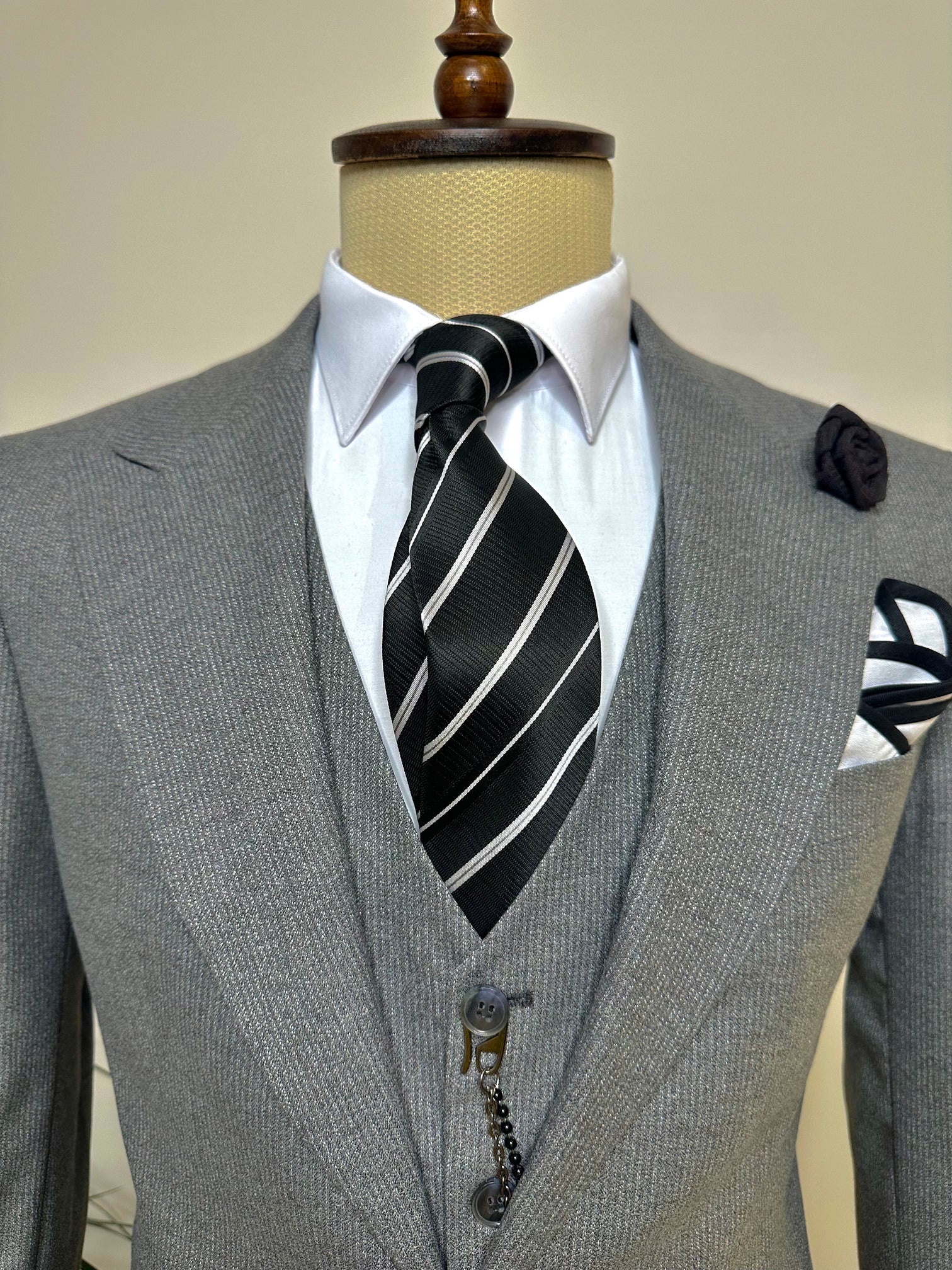 Grey Striped Slim-Fit Suit 3-Piece