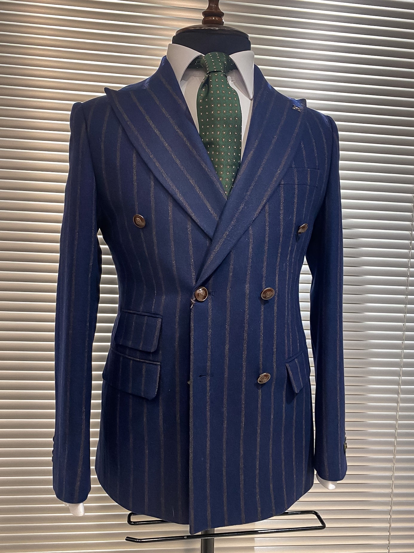 Navy Striped Woolen Double Breasted Blazer