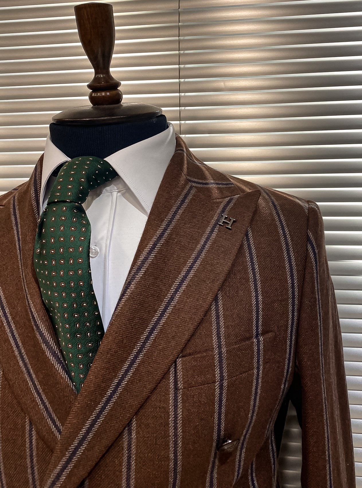 Brown Striped Woolen Double Breasted Blazer