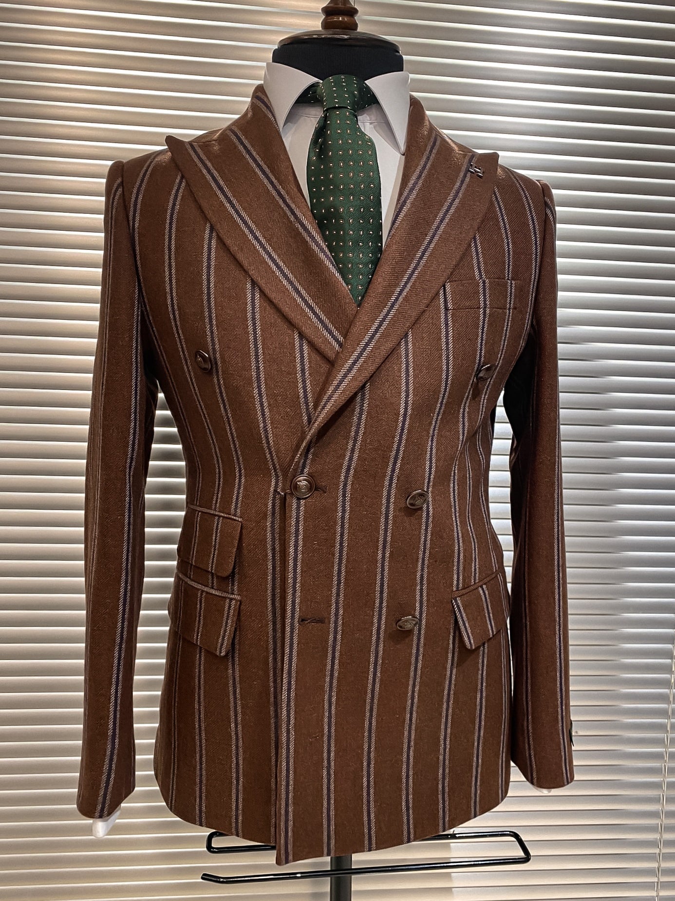 Brown Striped Woolen Double Breasted Blazer