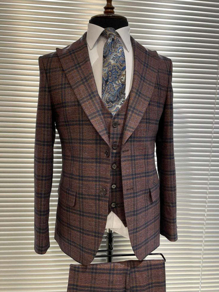 Bordeaux Plaid Slim-Fit Suit 3-Piece