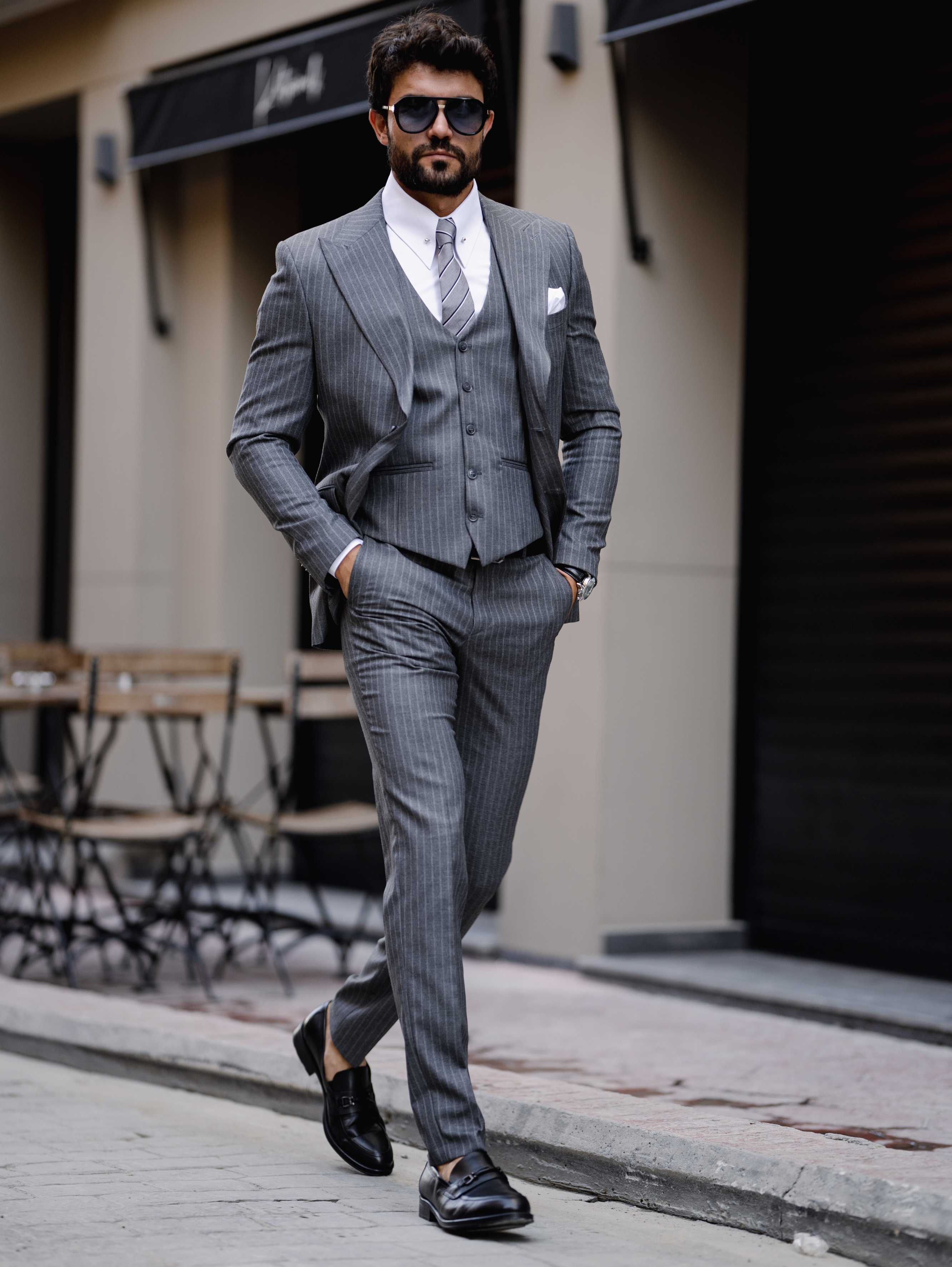 Grey Striped Slim-Fit Suit 3-Piece