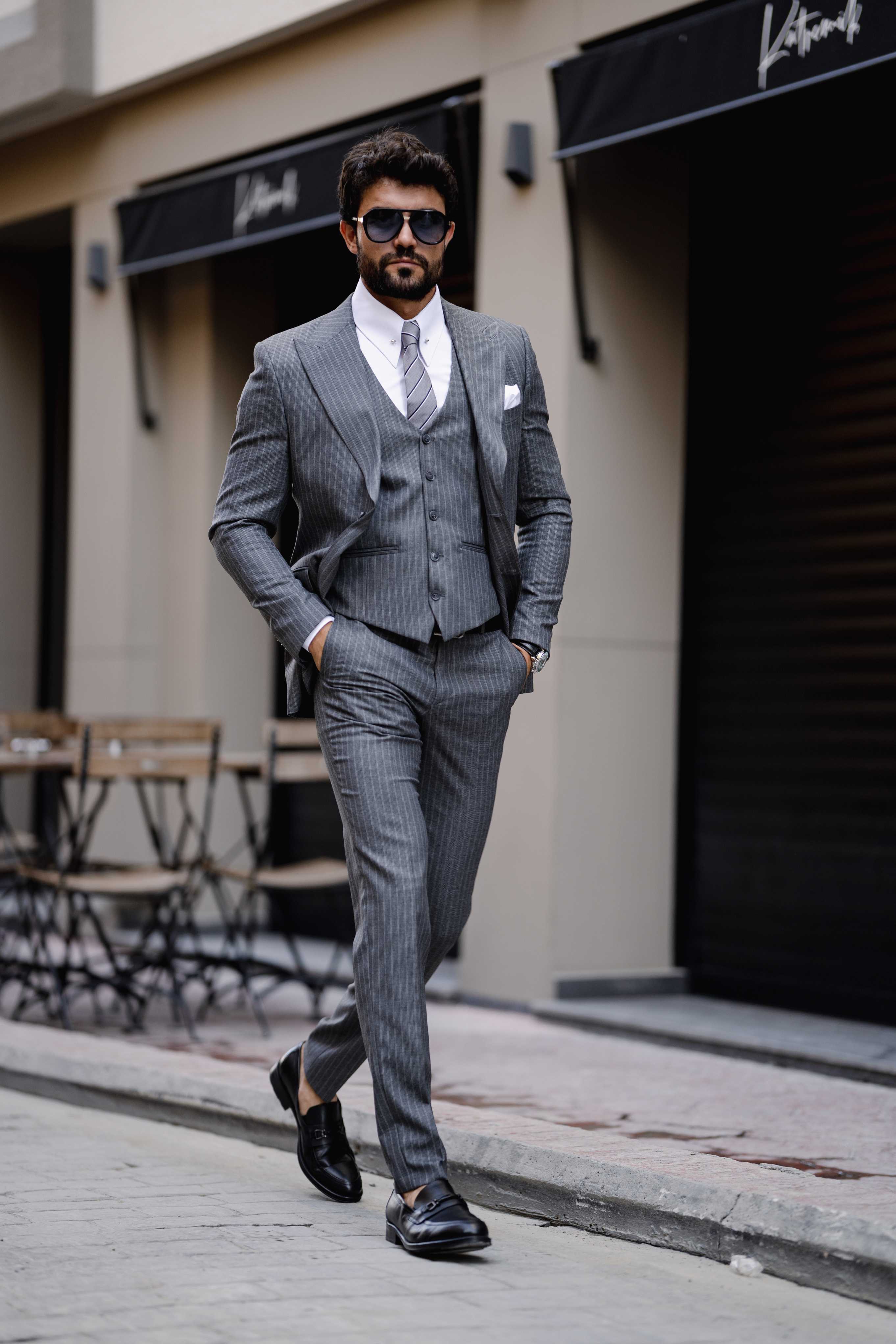 Grey Striped Slim-Fit Suit 3-Piece