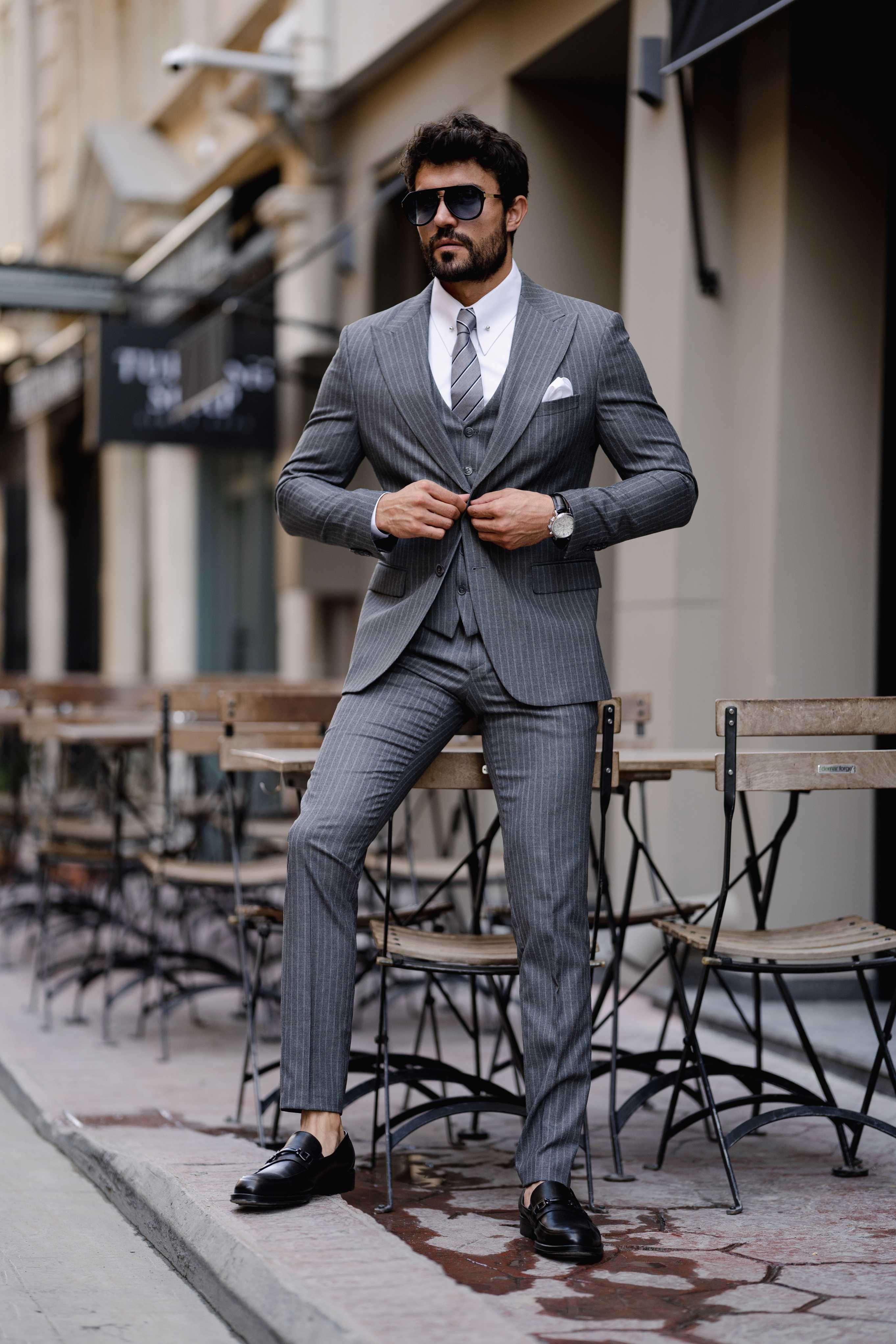 Grey Striped Slim-Fit Suit 3-Piece