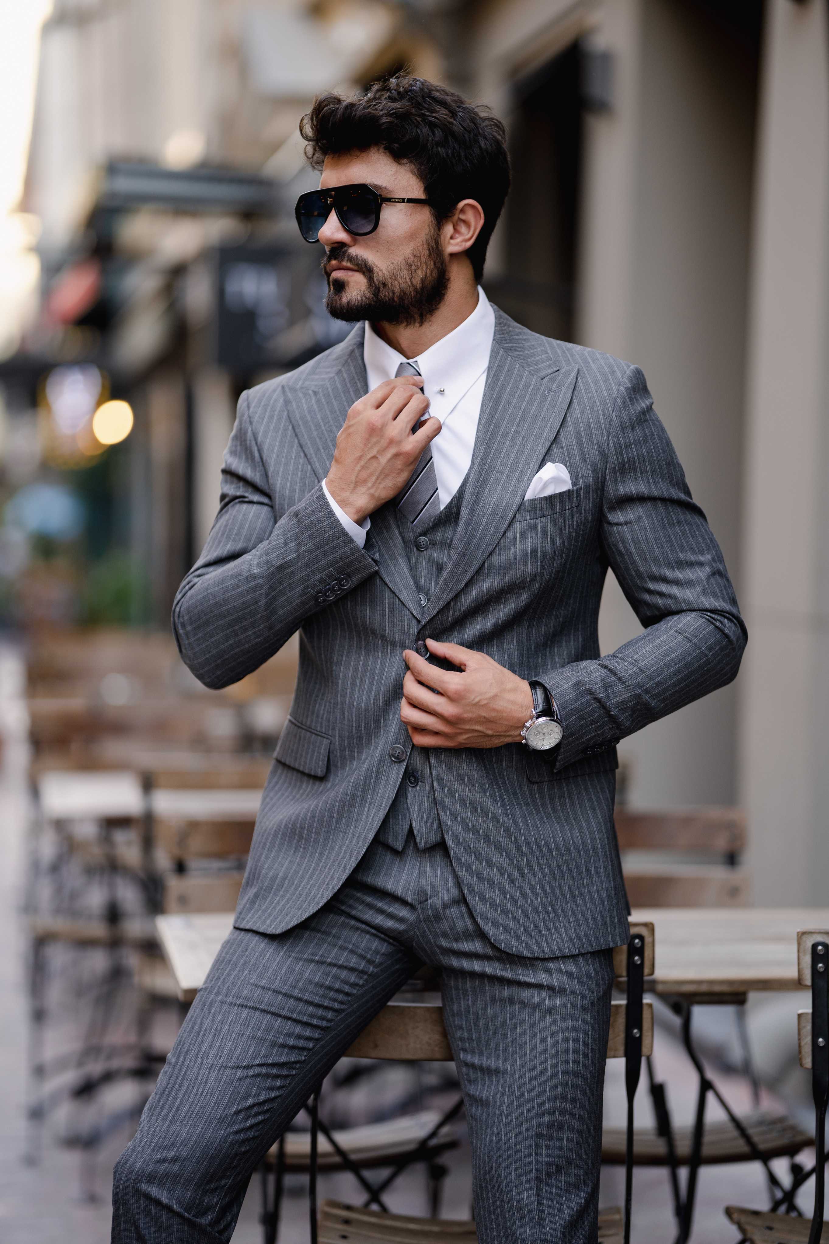 Grey Striped Slim-Fit Suit 3-Piece