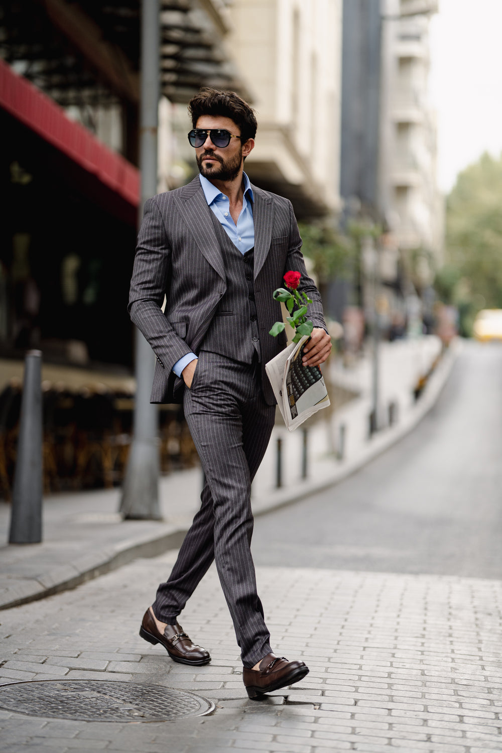 Grey Striped Slim-Fit Suit 3-Piece
